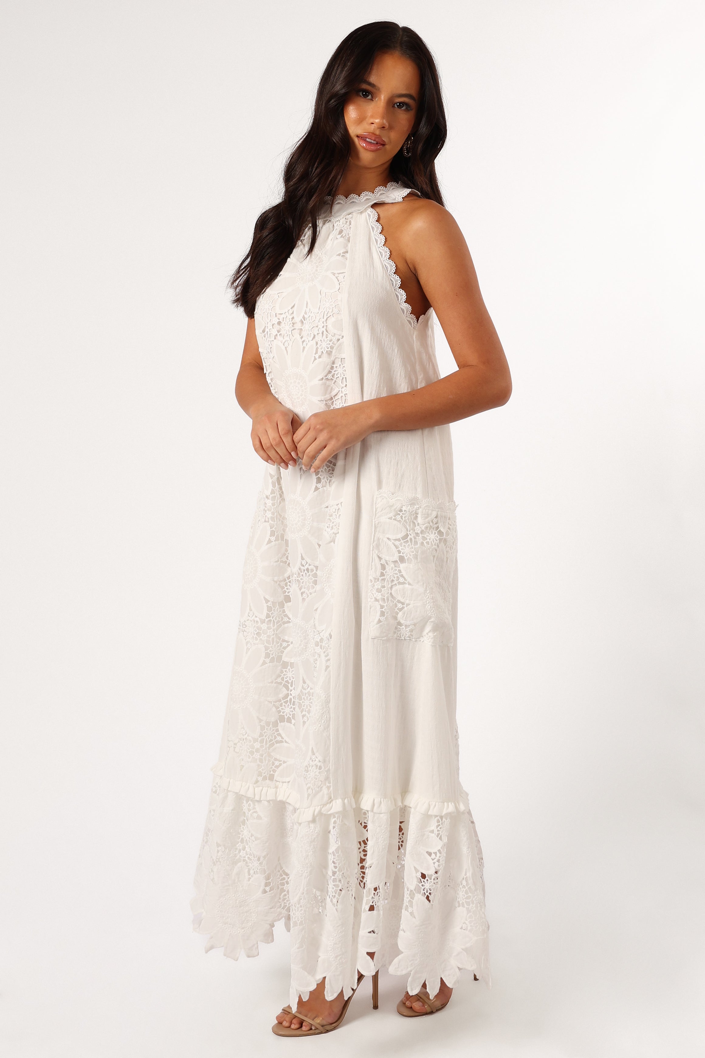 White Floral Lace Maxi Dress with Pockets - Halter Neck Summer Dress