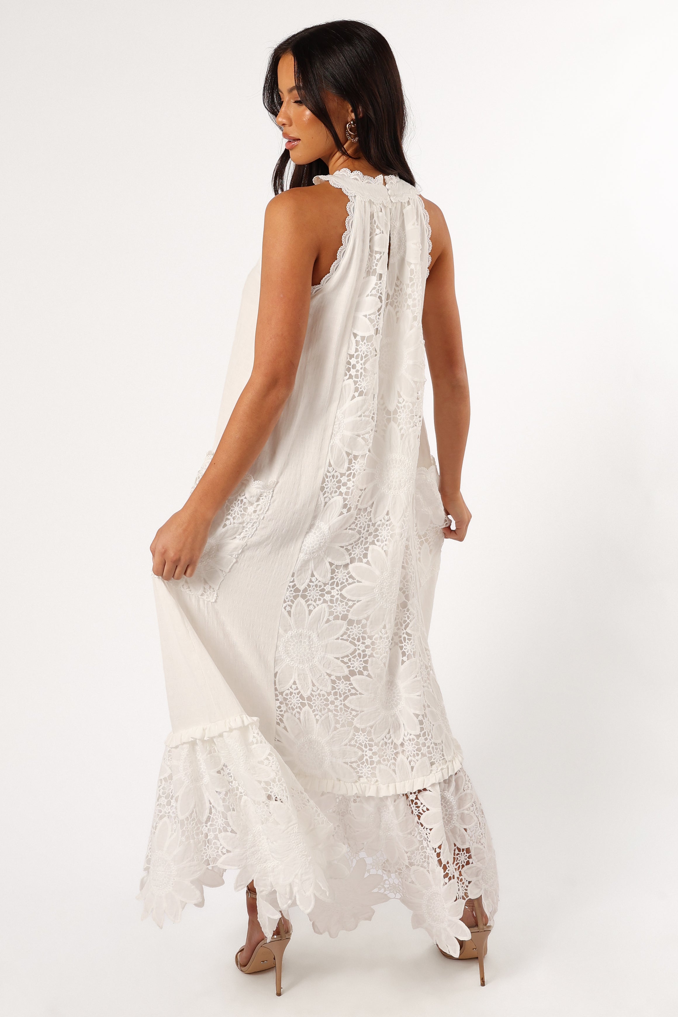 White Floral Lace Maxi Dress with Pockets - Halter Neck Summer Dress