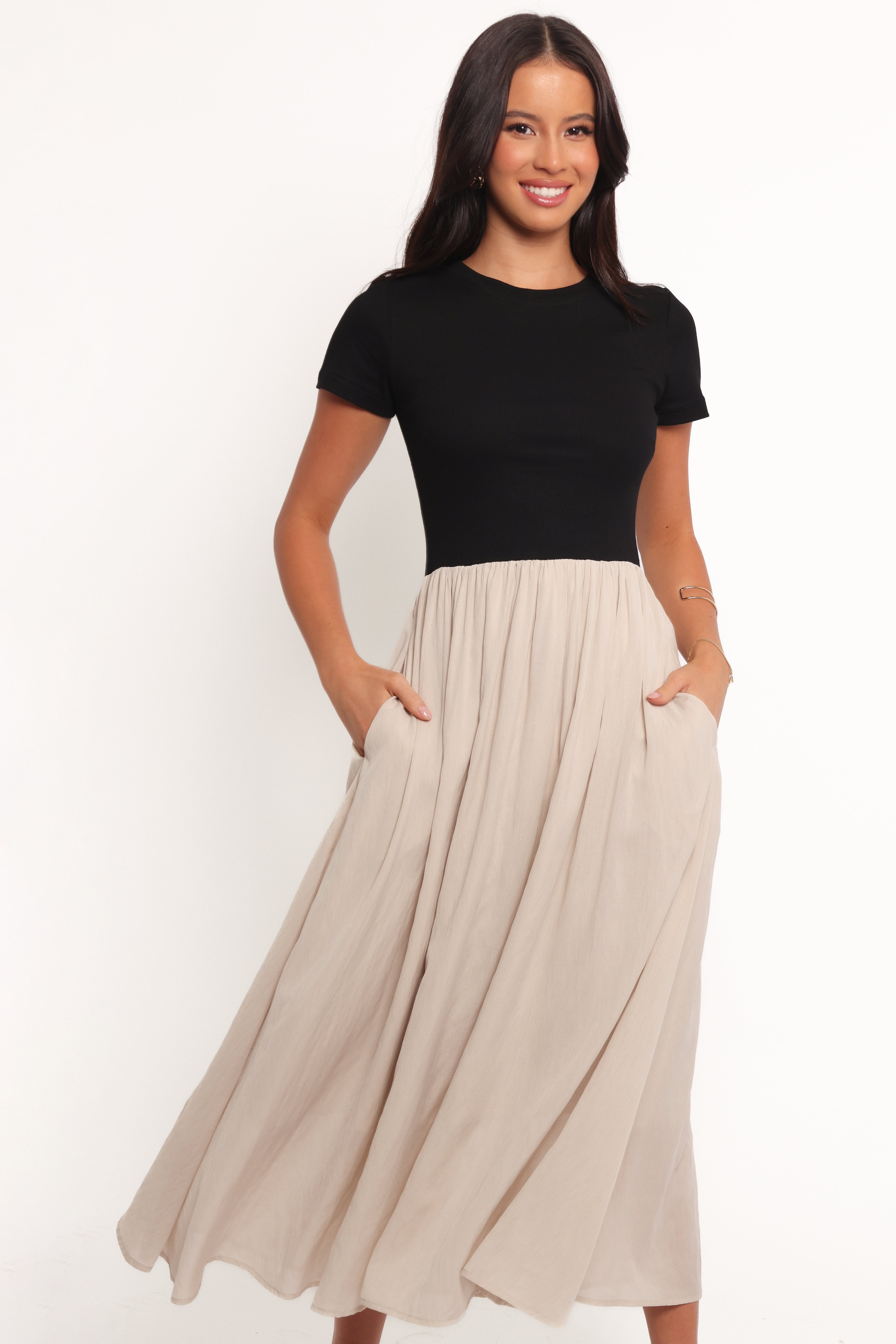 Isolde Ribbed Knit Midi Dress with Pockets - Black/Beige