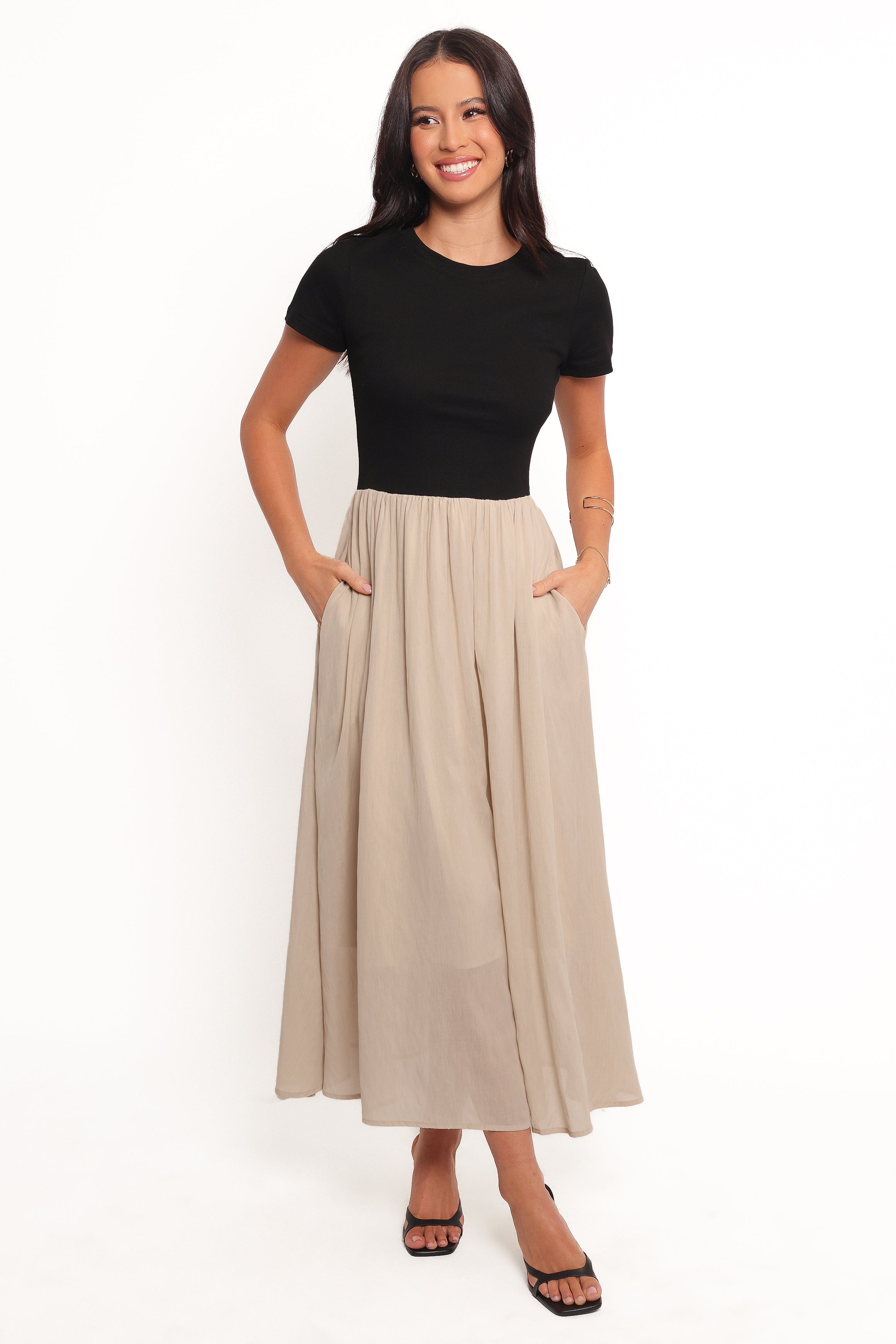 Isolde Ribbed Knit Midi Dress with Pockets - Black/Beige