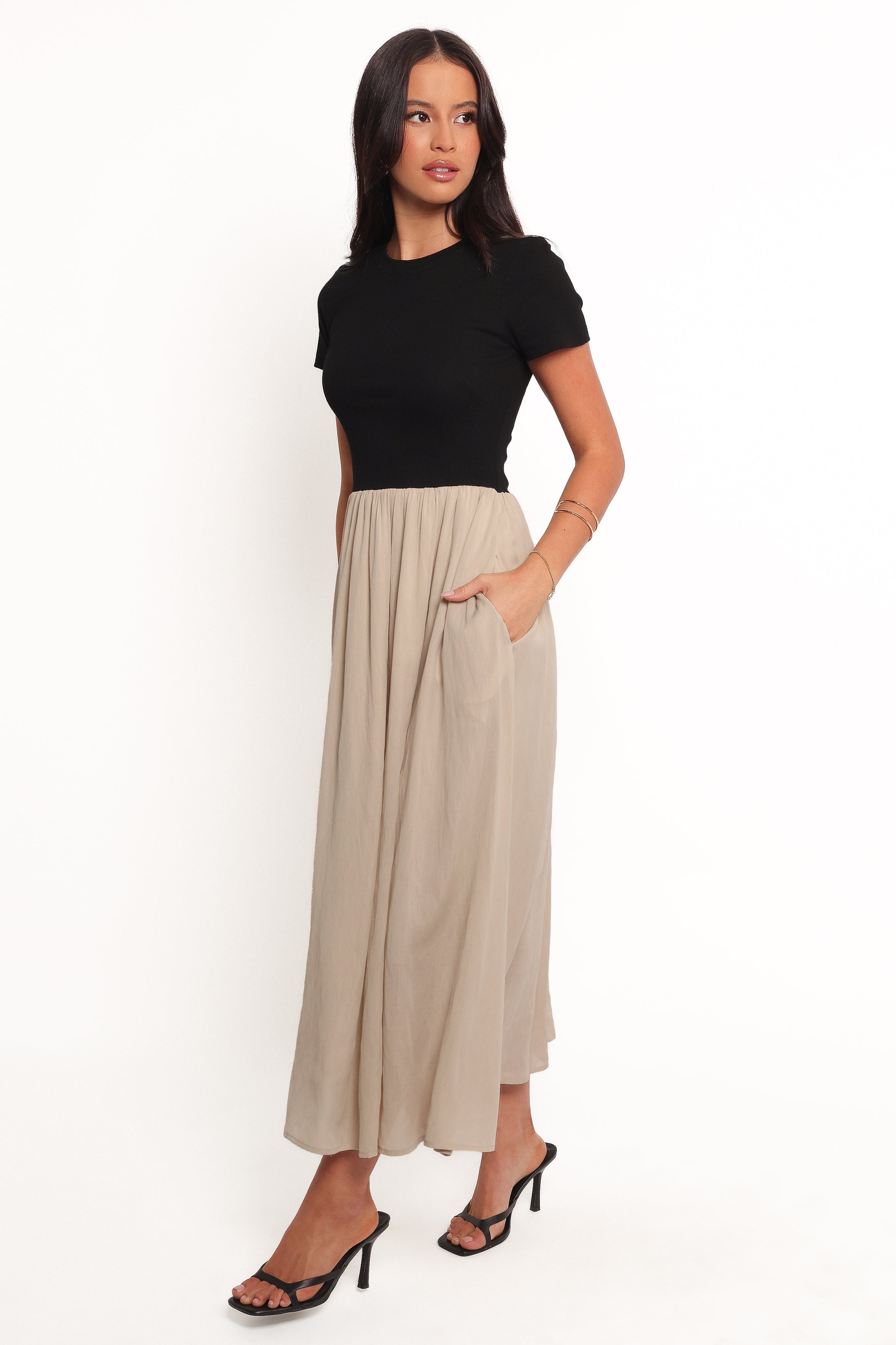 Isolde Ribbed Knit Midi Dress with Pockets - Black/Beige