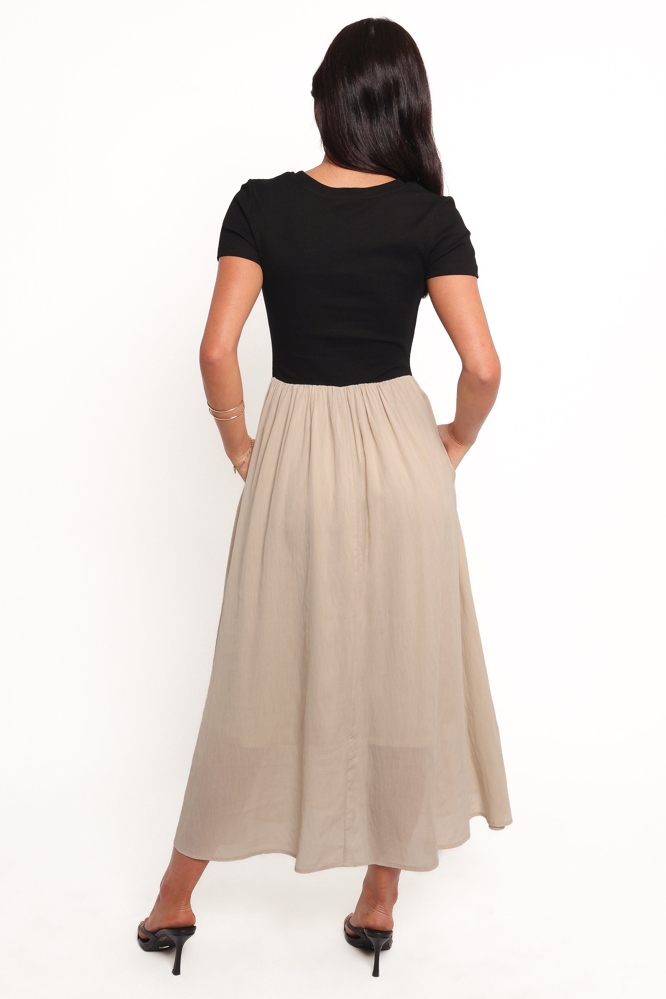 Isolde Ribbed Knit Midi Dress with Pockets - Black/Beige
