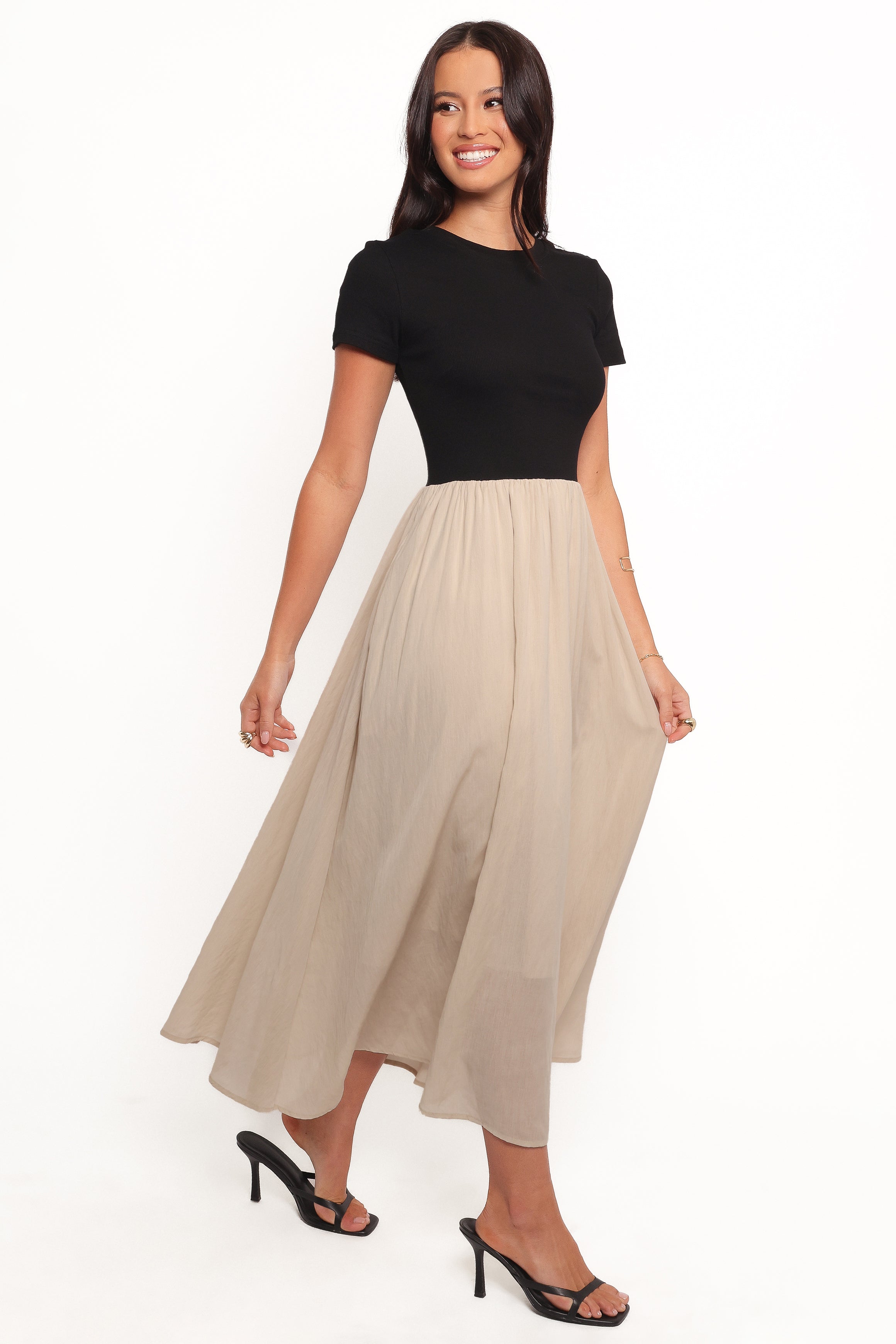 Isolde Ribbed Knit Midi Dress with Pockets - Black/Beige