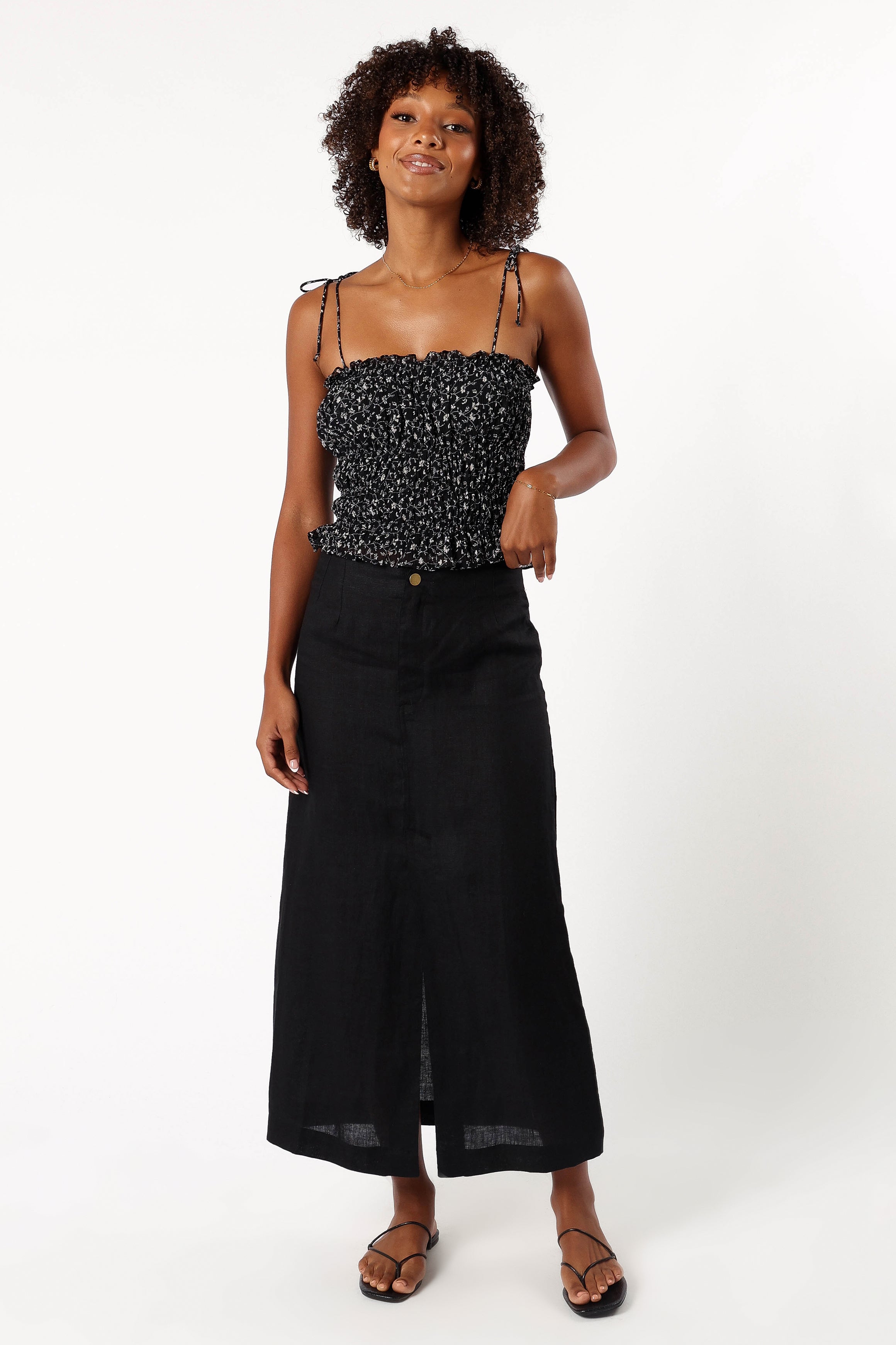 Allison Floral Ruffle Crop Top - Black & Off White Shirred Blouse