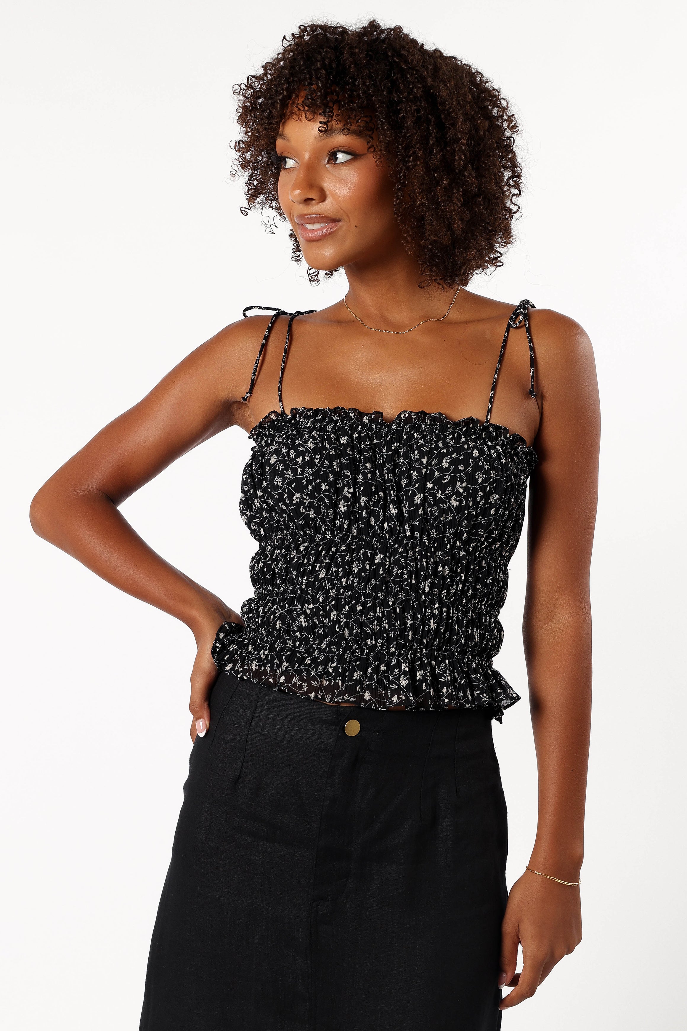 Allison Floral Ruffle Crop Top - Black & Off White Shirred Blouse