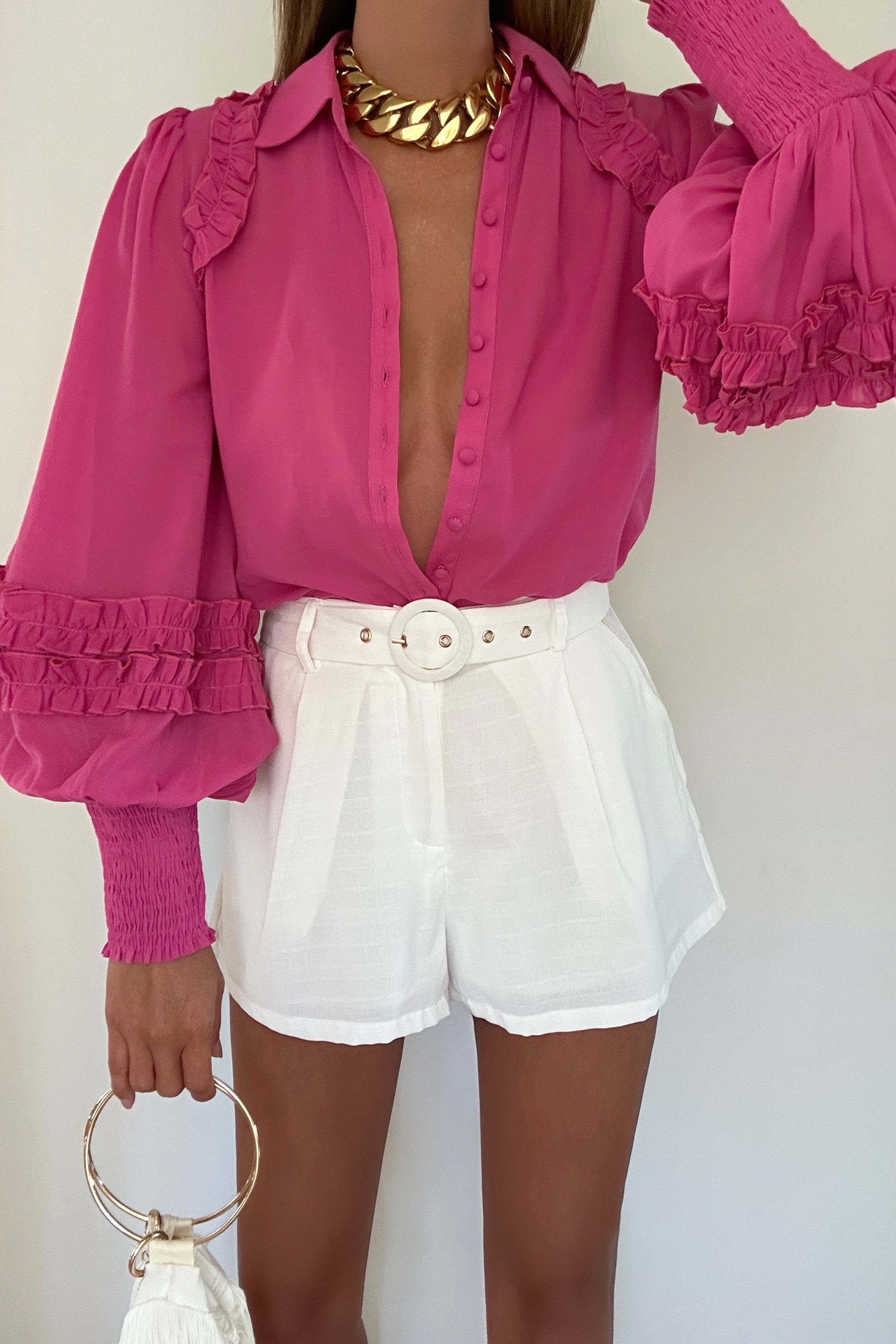 Bettina Fuchsia Collared Shirt with Ruffle Detailing