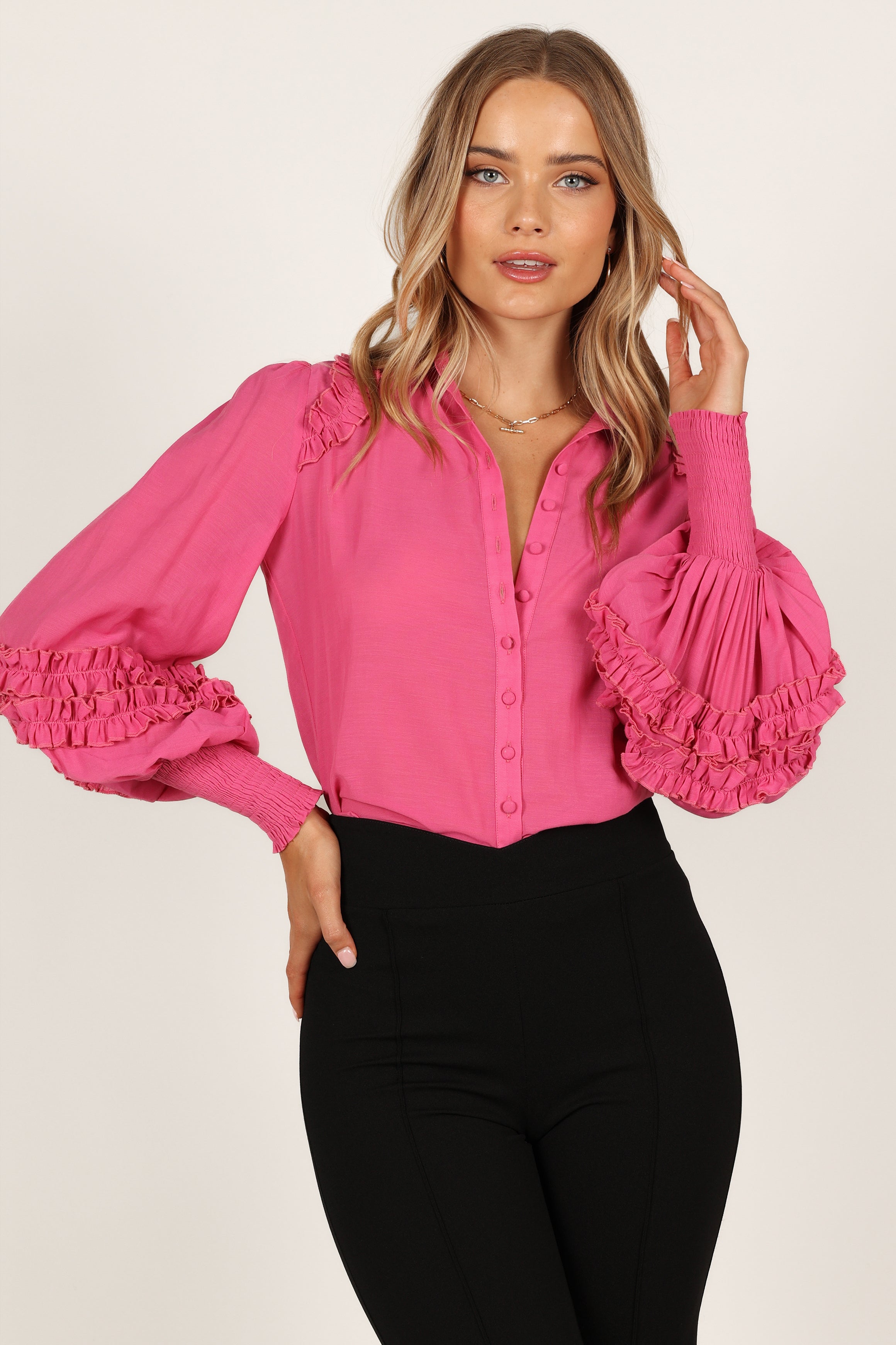 Bettina Fuchsia Collared Shirt with Ruffle Detailing