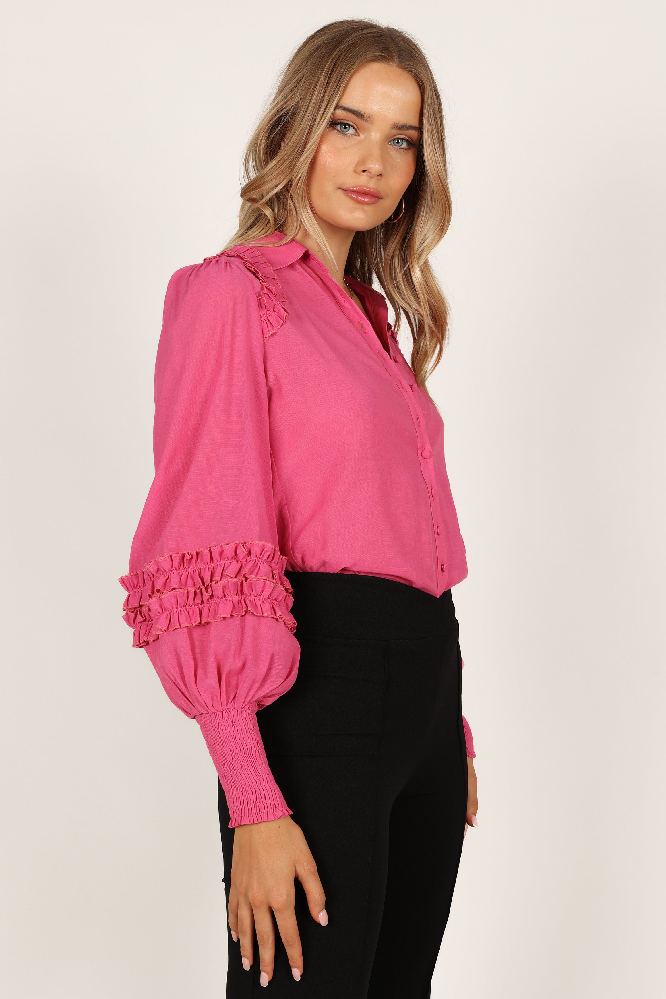 Bettina Fuchsia Collared Shirt with Ruffle Detailing