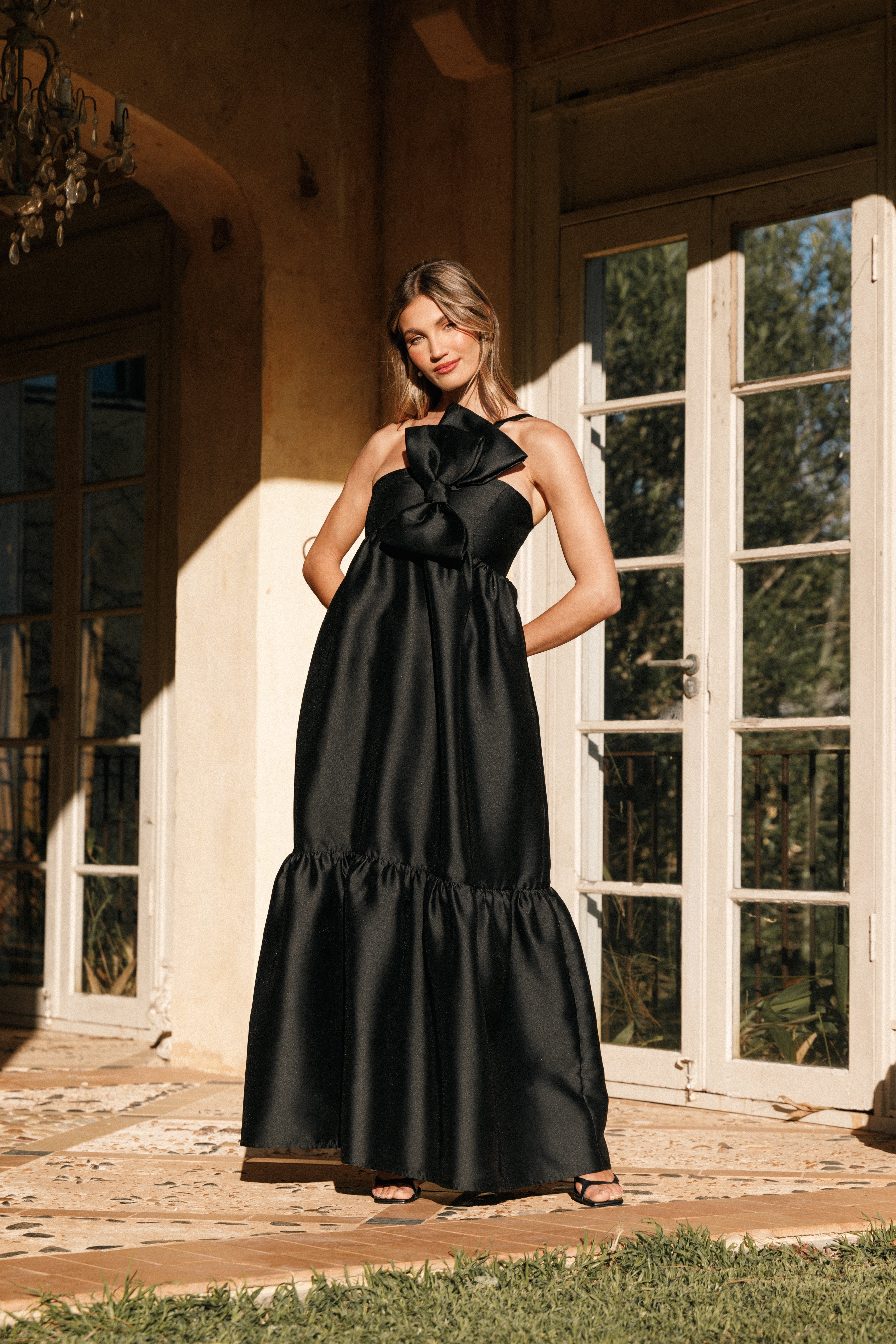 One Shoulder Bow Maxi Dress with Pockets - Black