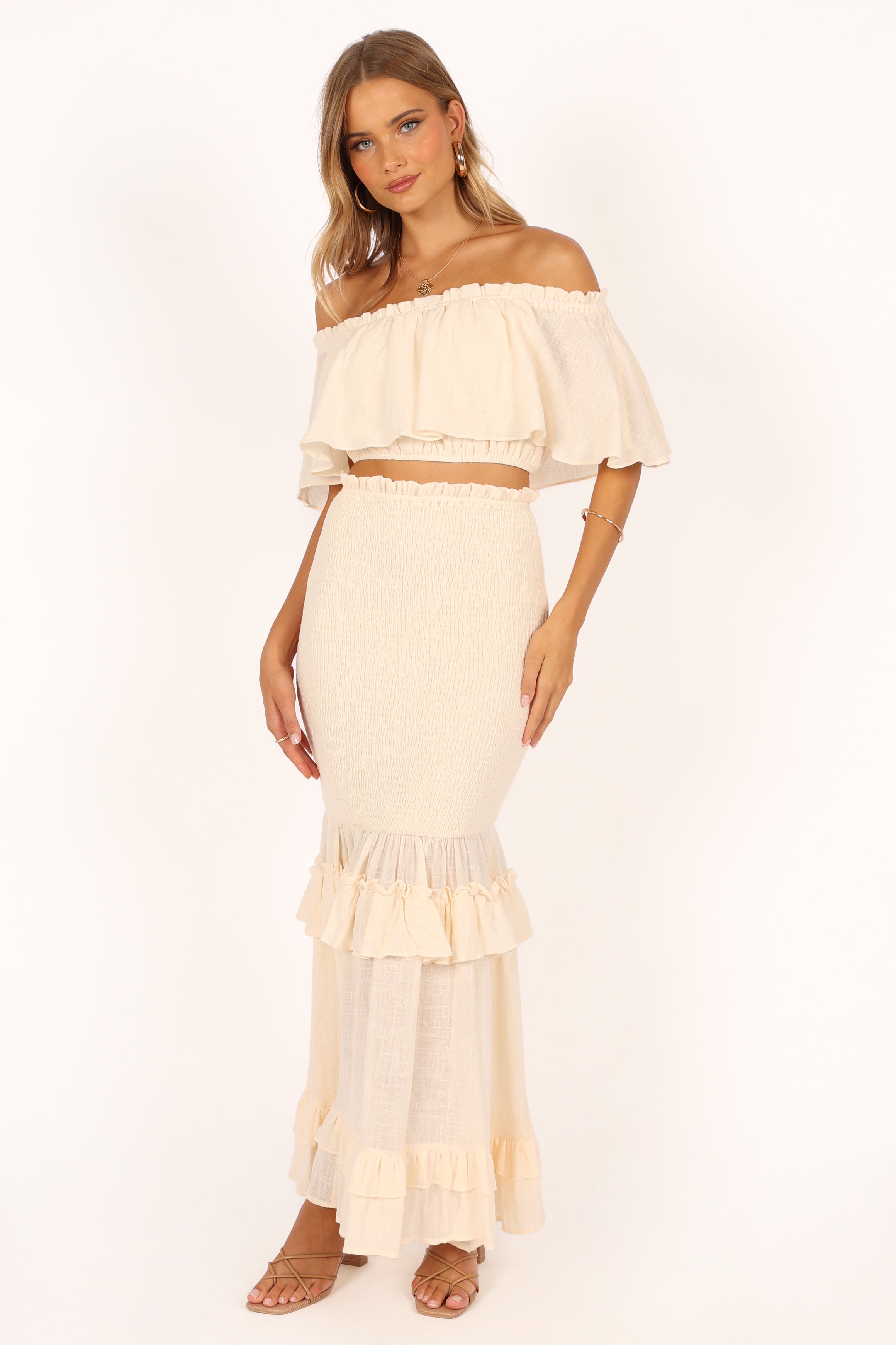 Women's Off Shoulder Ruffle Peplum Top & Maxi Skirt Set - Cream Cotton