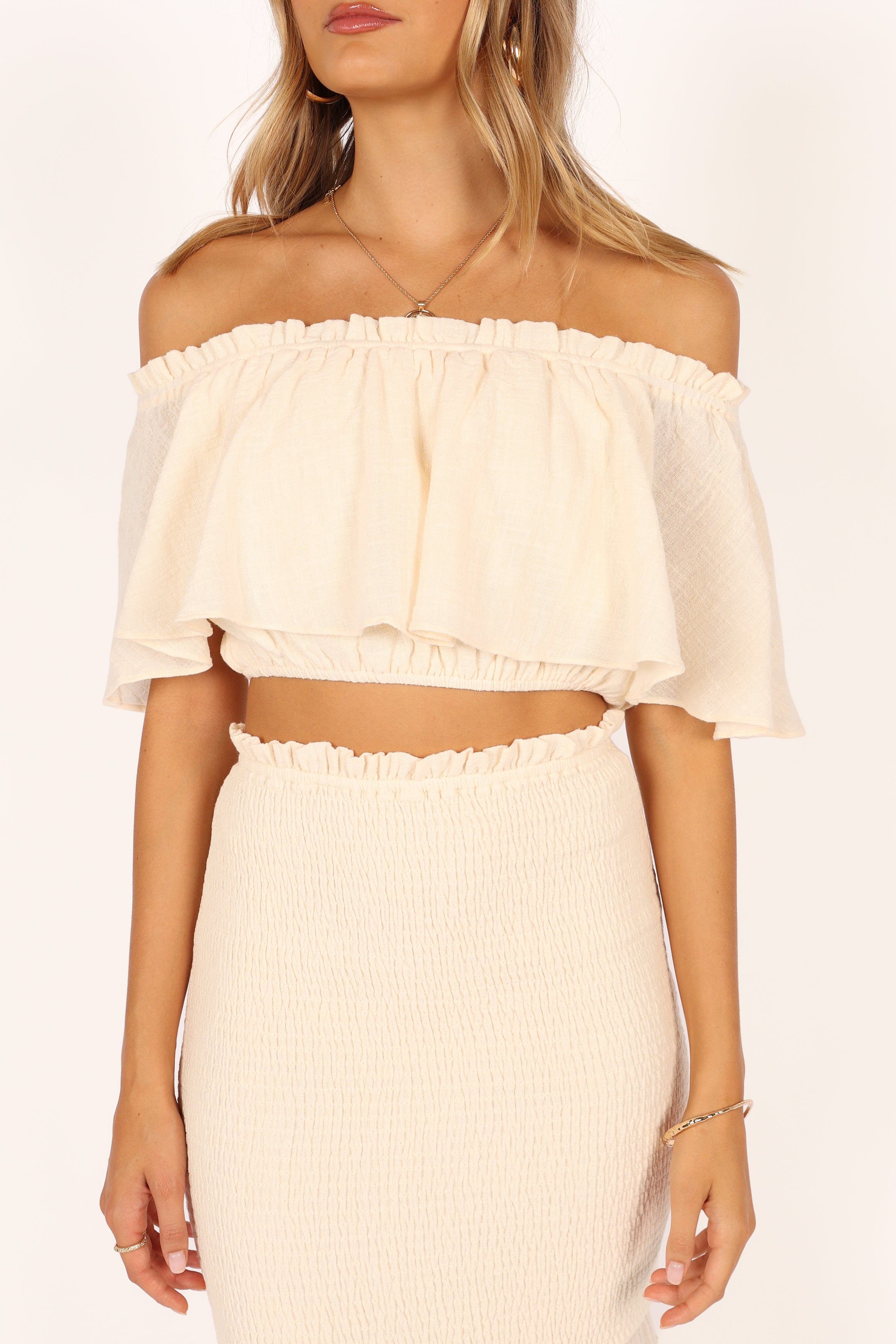Women's Off Shoulder Ruffle Peplum Top & Maxi Skirt Set - Cream Cotton