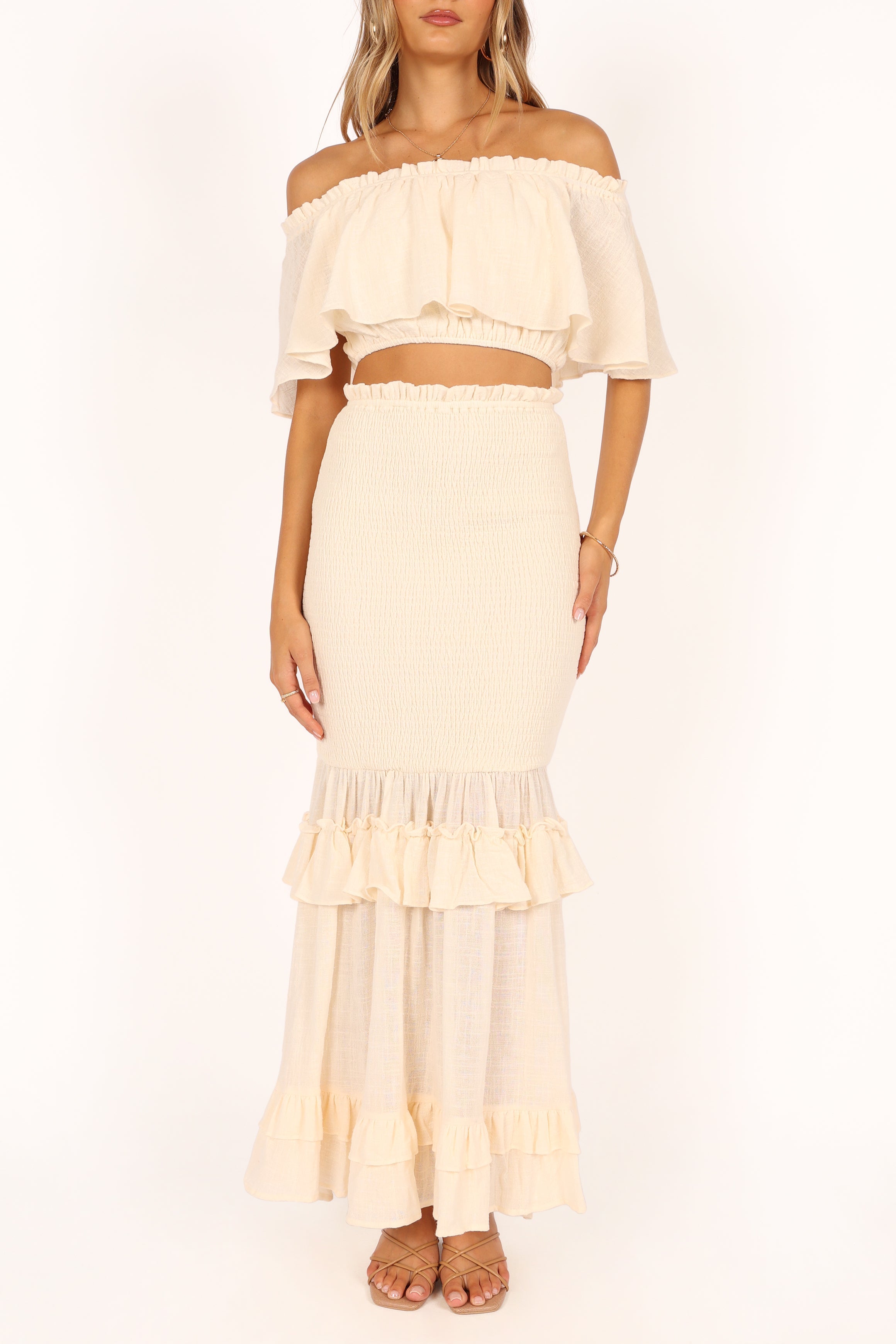 Women's Off Shoulder Ruffle Peplum Top & Maxi Skirt Set - Cream Cotton