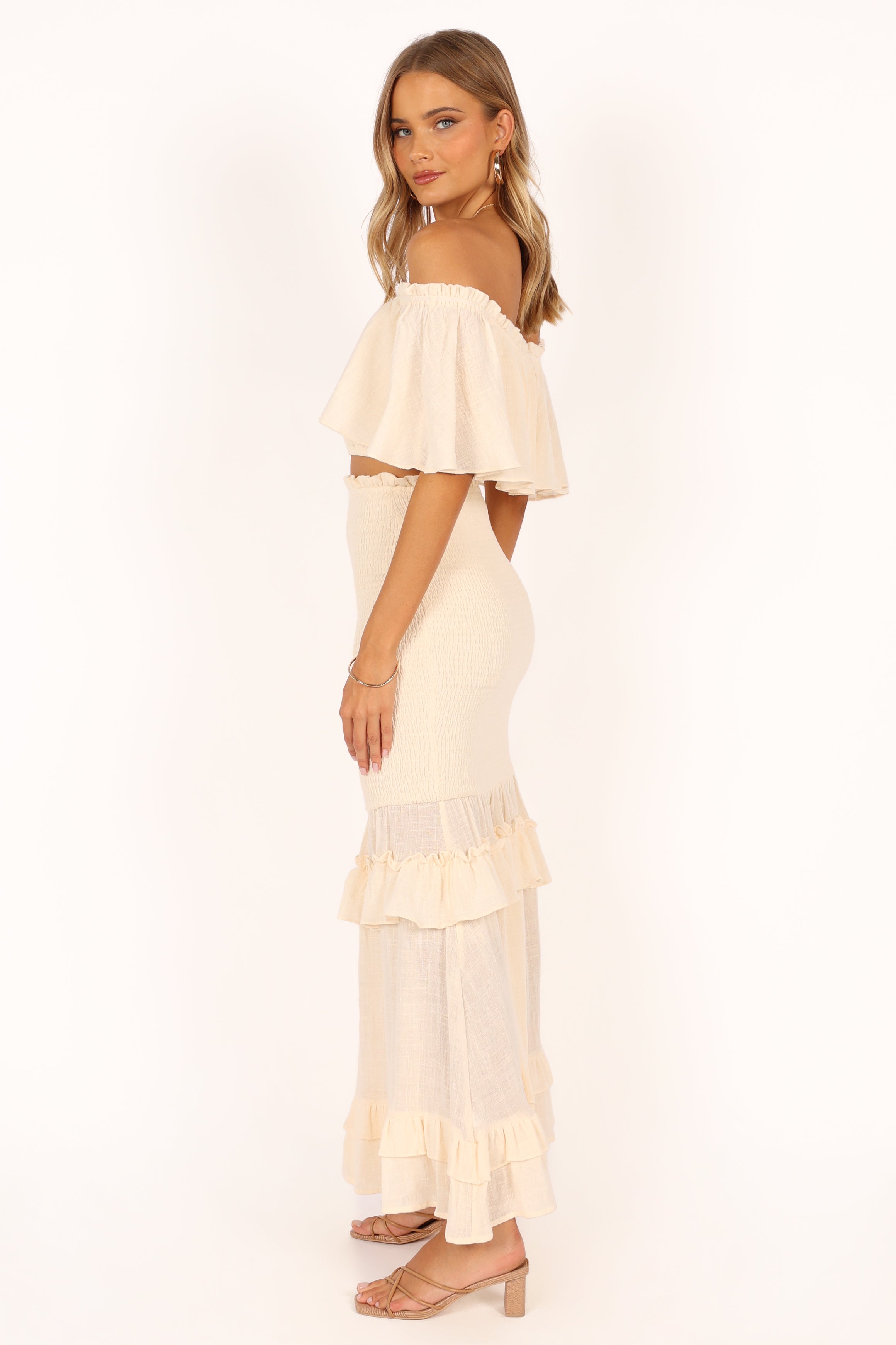 Women's Off Shoulder Ruffle Peplum Top & Maxi Skirt Set - Cream Cotton