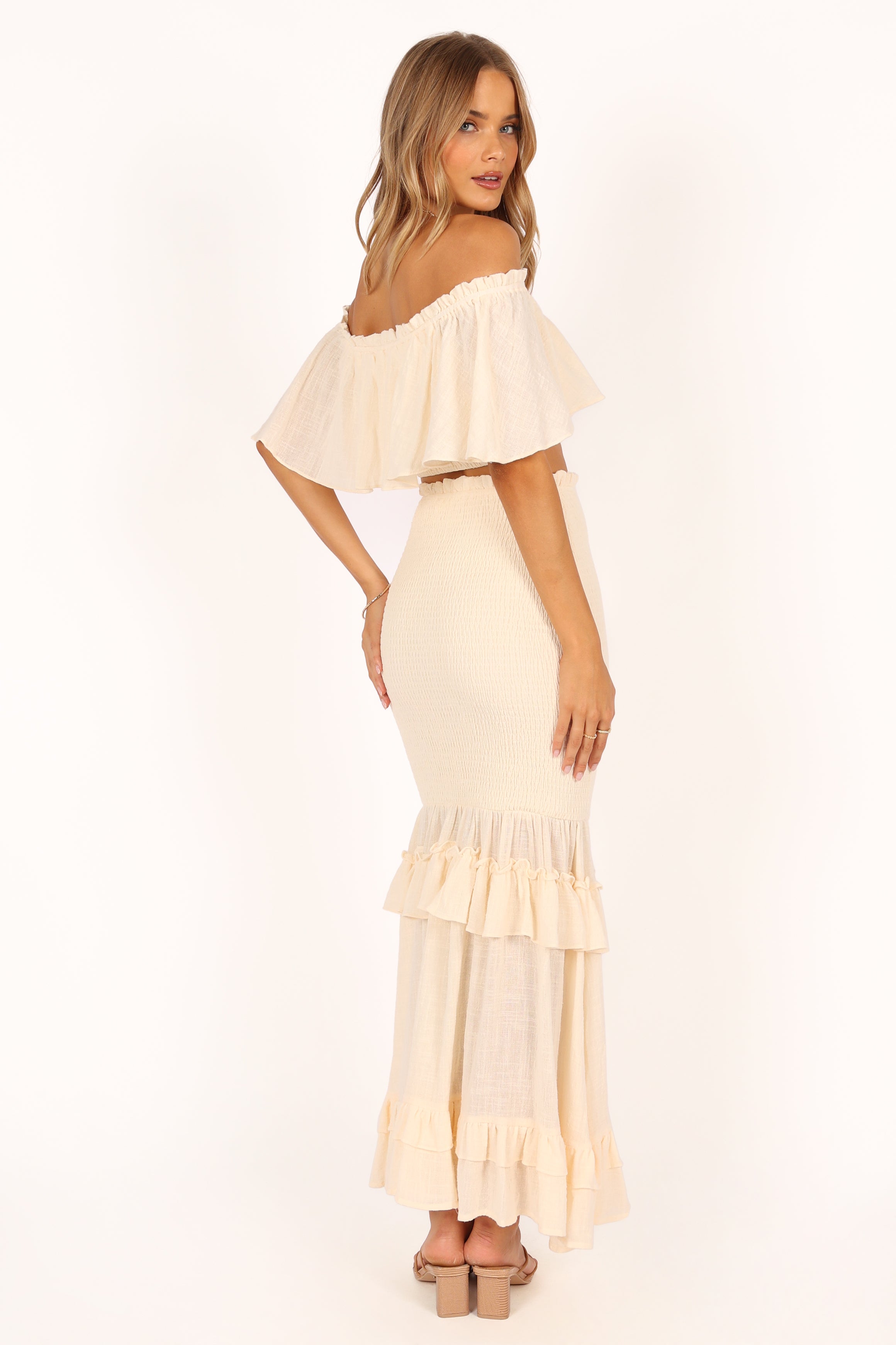 Women's Off Shoulder Ruffle Peplum Top & Maxi Skirt Set - Cream Cotton