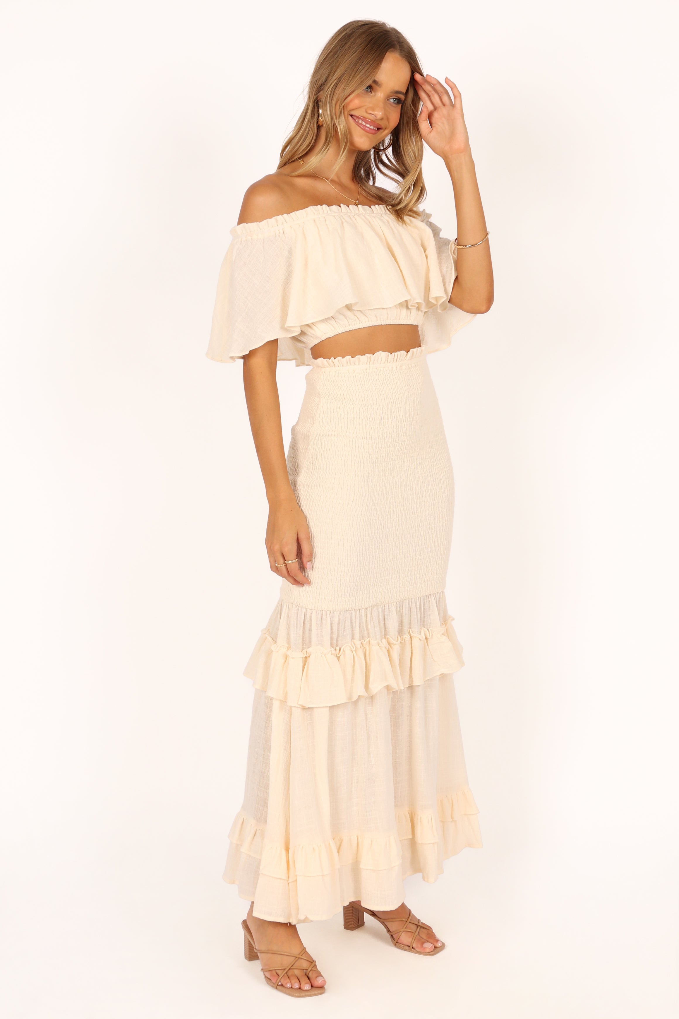 Women's Off Shoulder Ruffle Peplum Top & Maxi Skirt Set - Cream Cotton