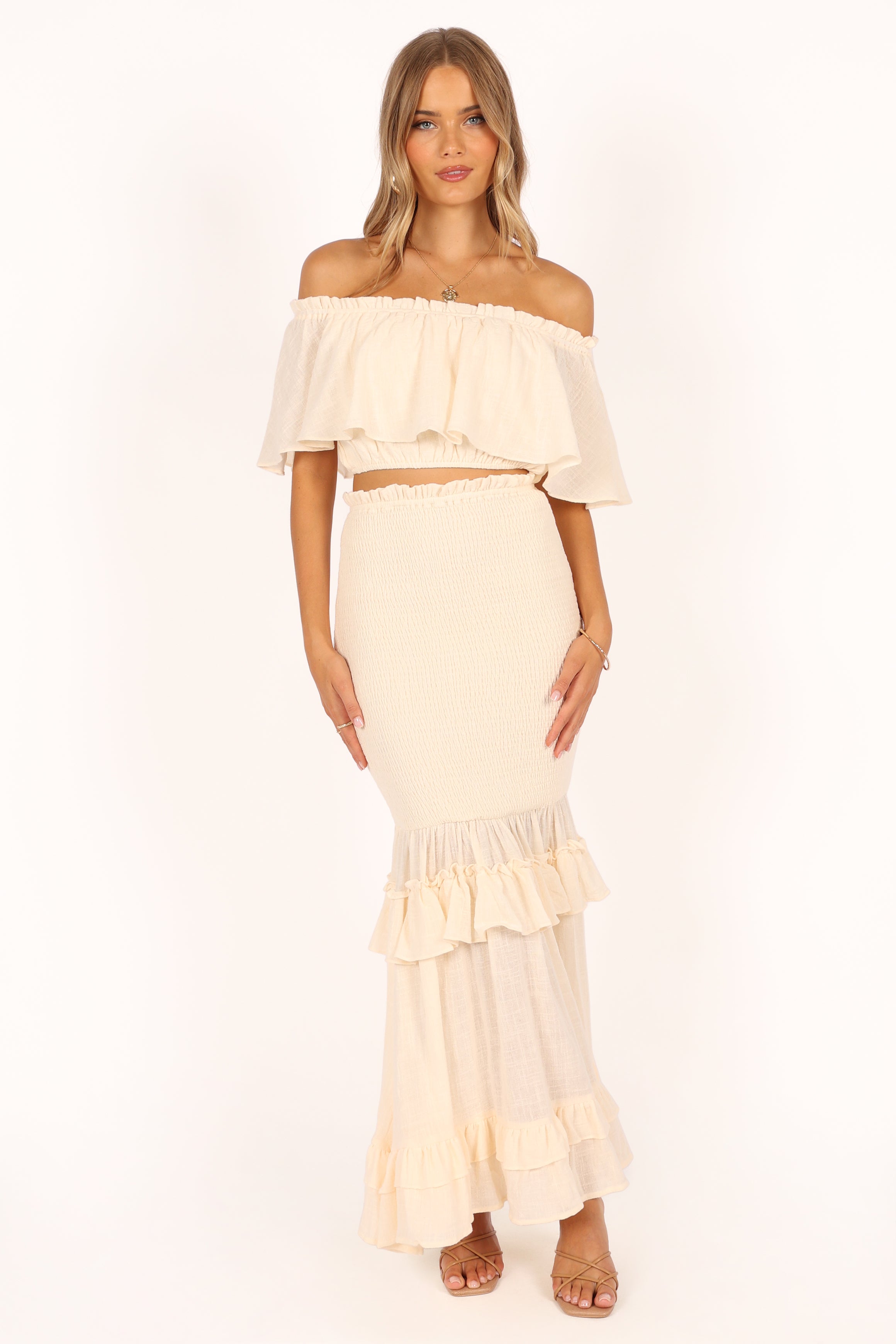 Women's Off Shoulder Ruffle Peplum Top & Maxi Skirt Set - Cream Cotton