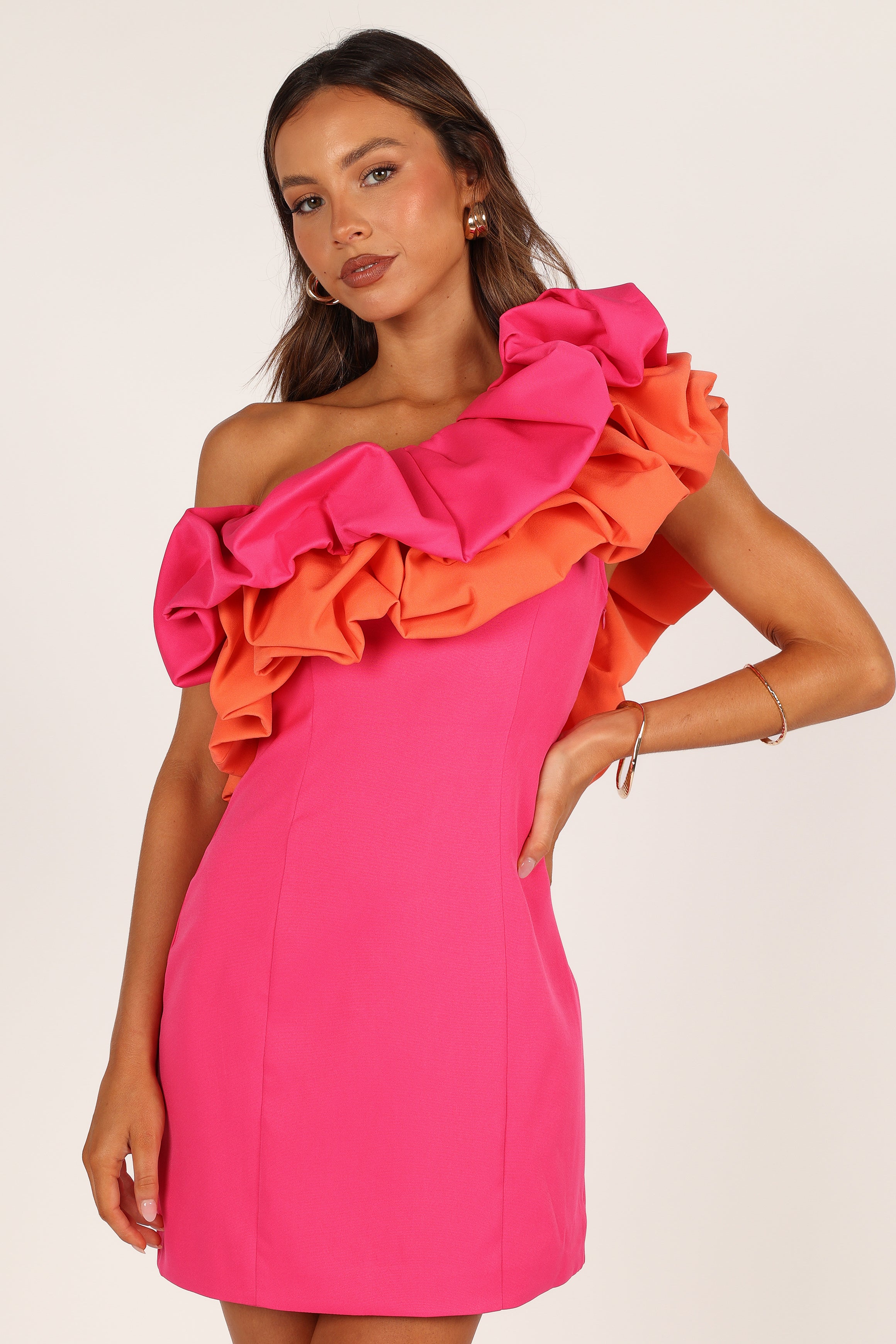 Phoebe One Shoulder Mini Dress with Ruffle Detail - Pink & Orange