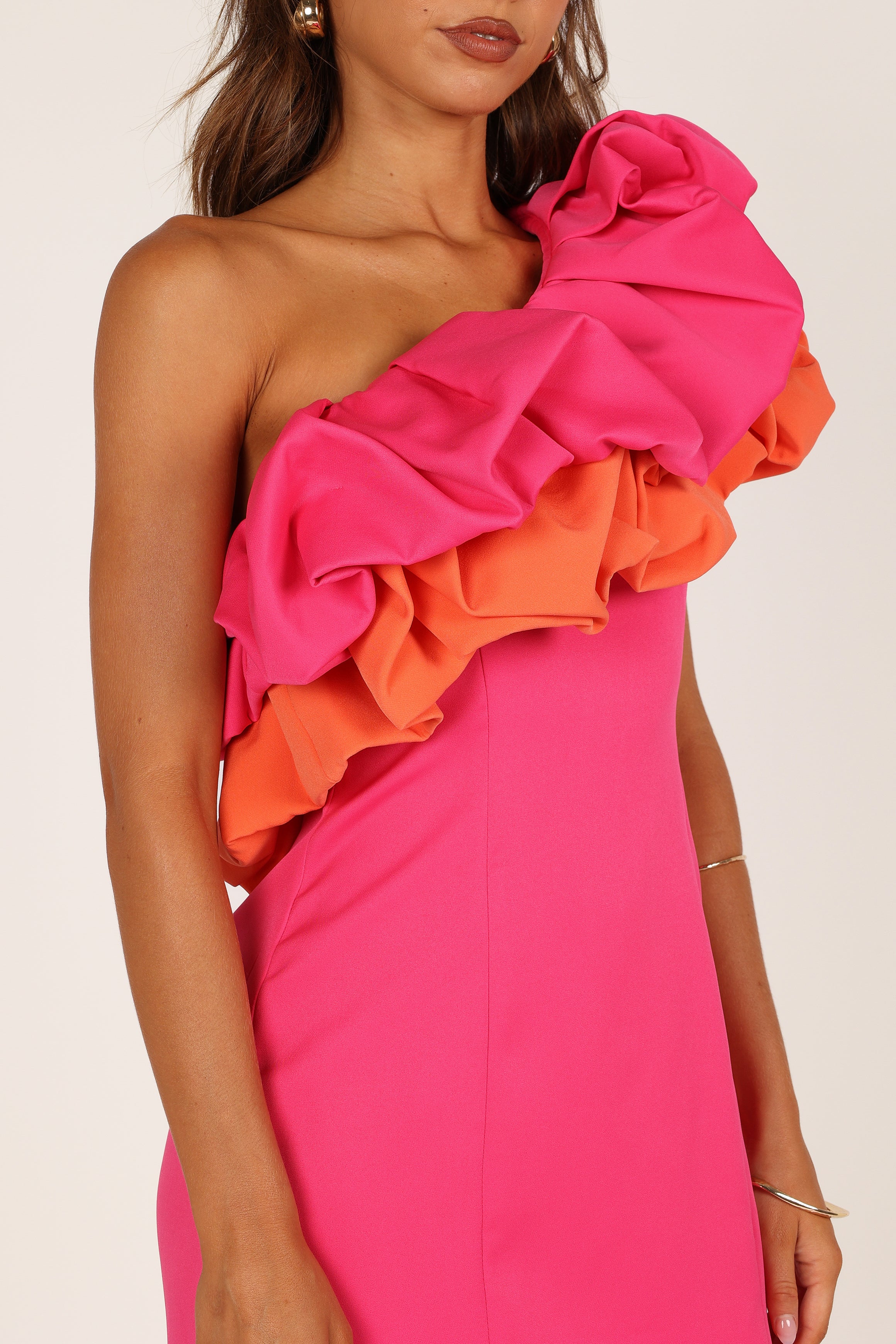 Phoebe One Shoulder Mini Dress with Ruffle Detail - Pink & Orange