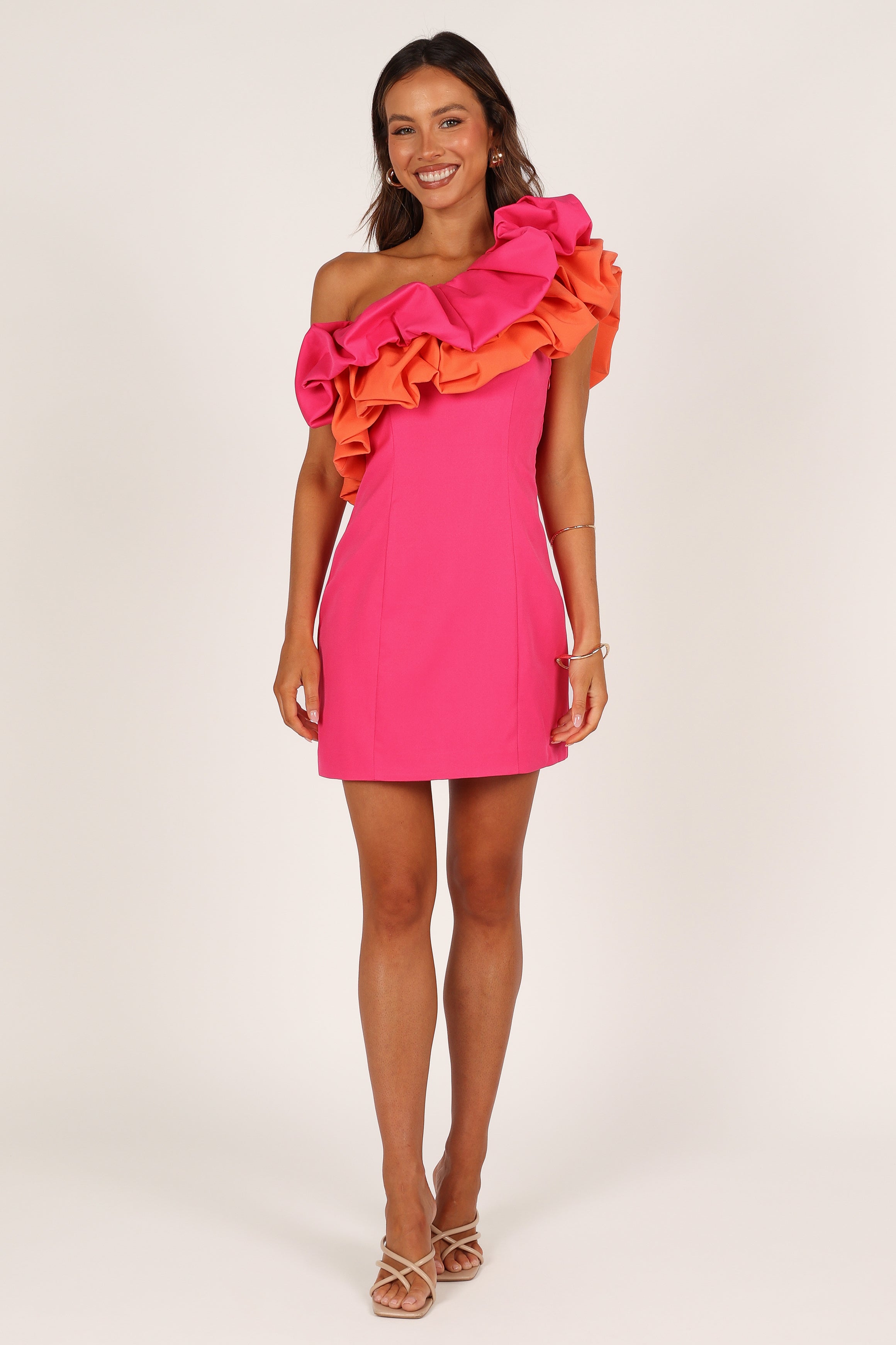 Phoebe One Shoulder Mini Dress with Ruffle Detail - Pink & Orange