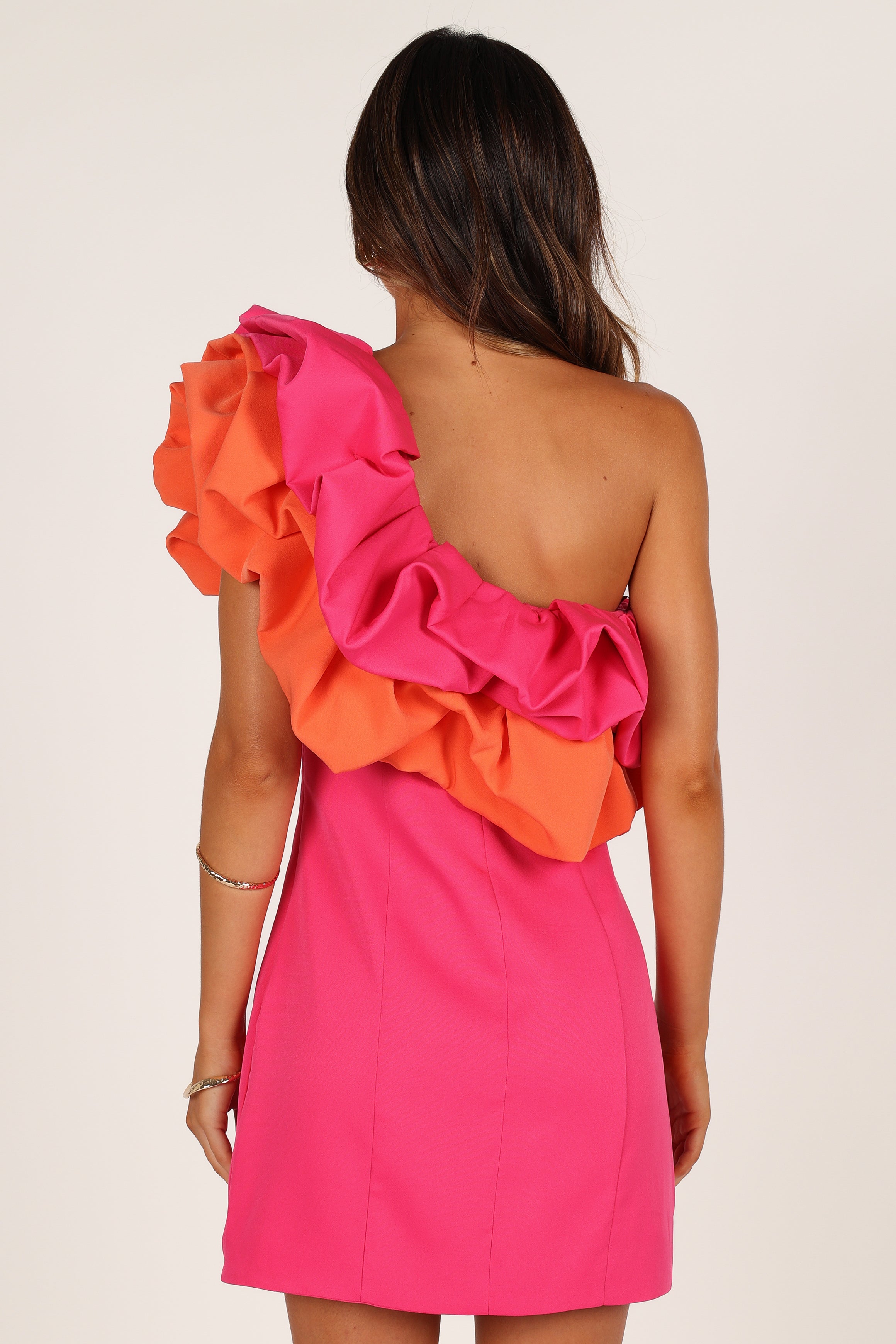 Phoebe One Shoulder Mini Dress with Ruffle Detail - Pink & Orange