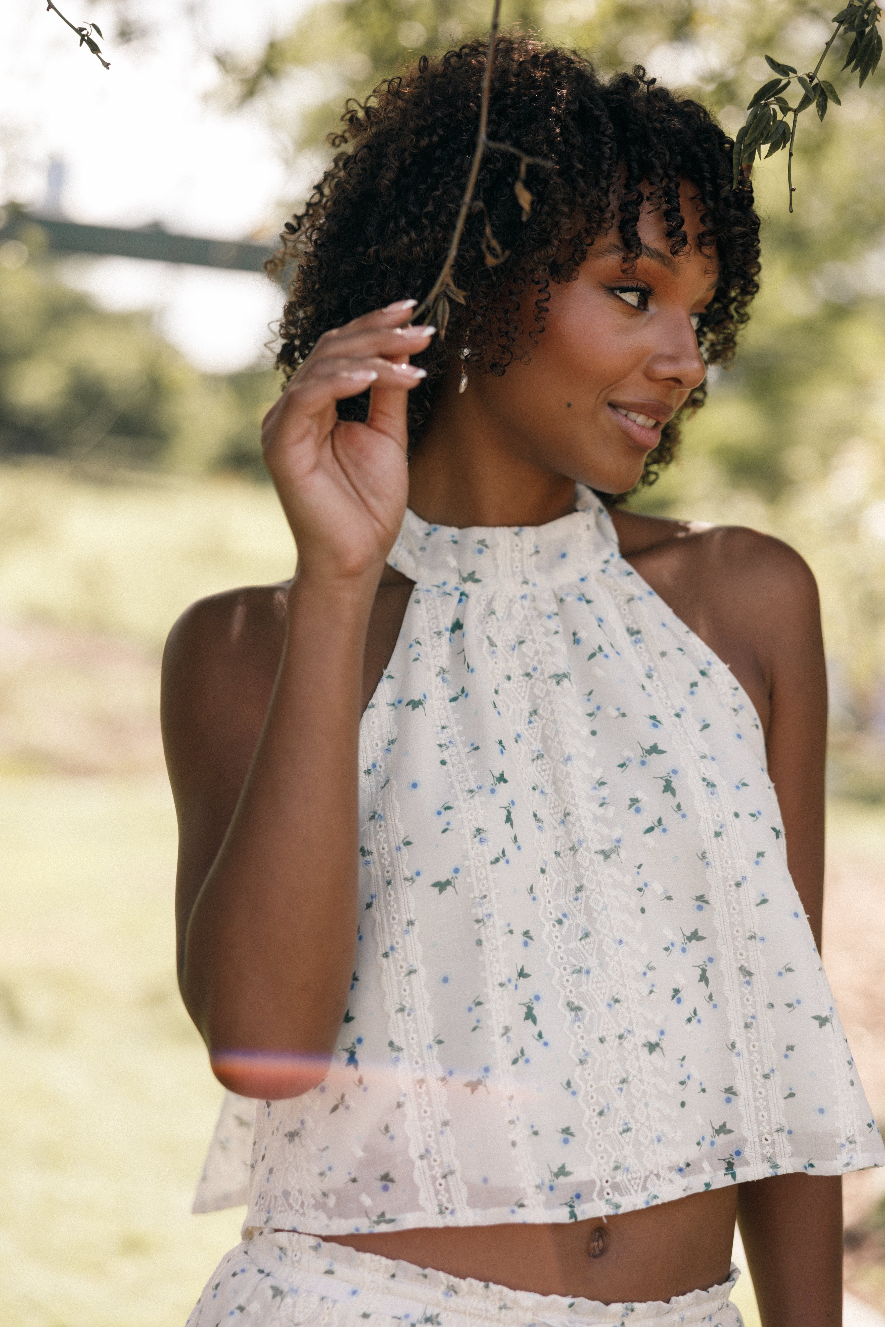 Blue Floral Halterneck Top with Open Back - Willa Women's Blouse