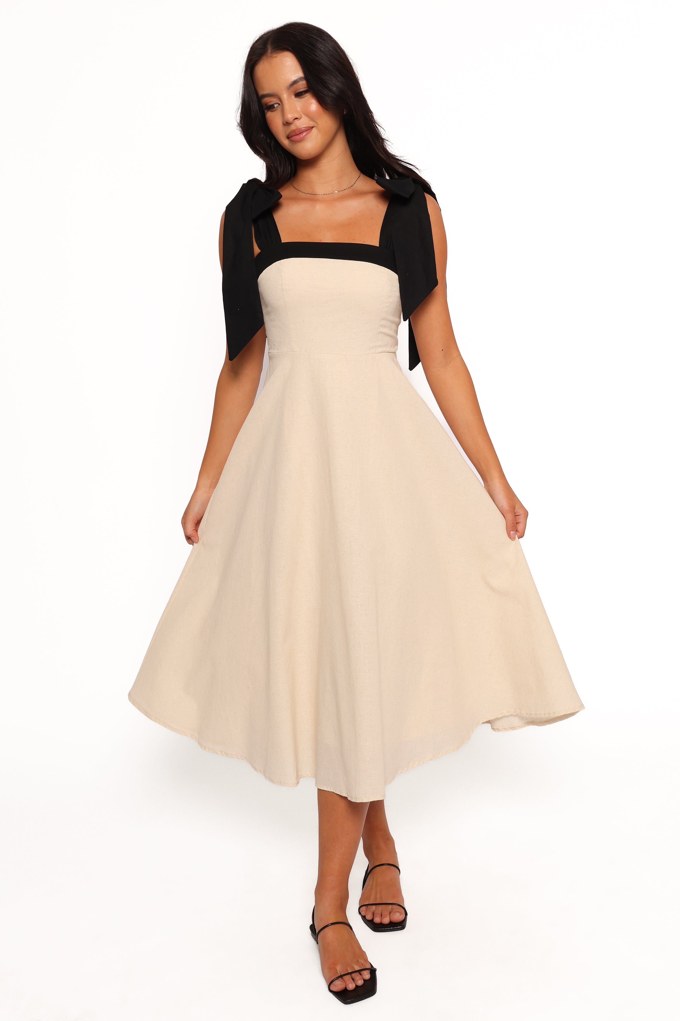 Olinda A-Line Midi Dress in Oatmeal & Black - Adjustable Straps