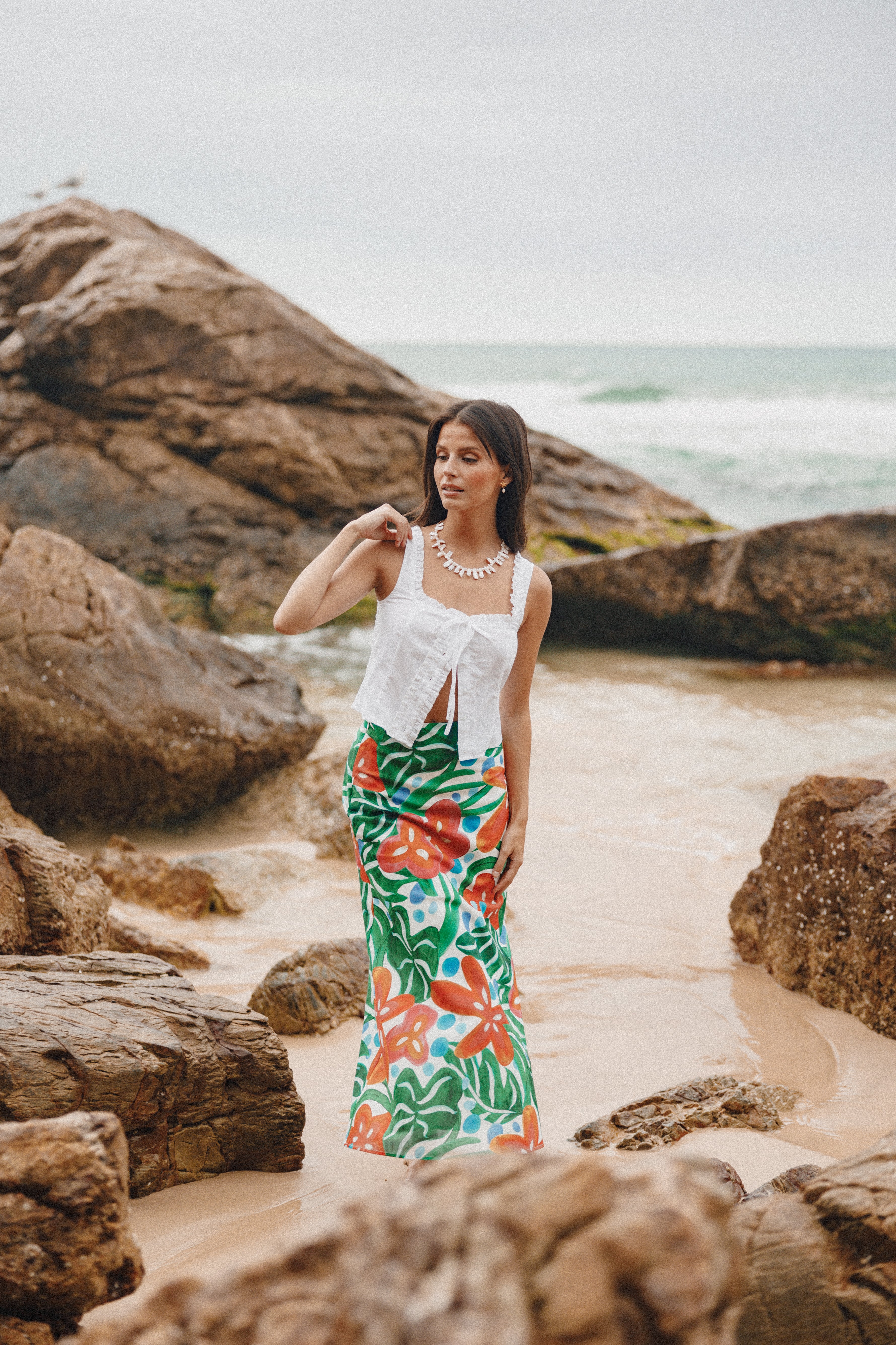 Floral Print Lenny Midi Skirt - High Waisted Cotton Kauai