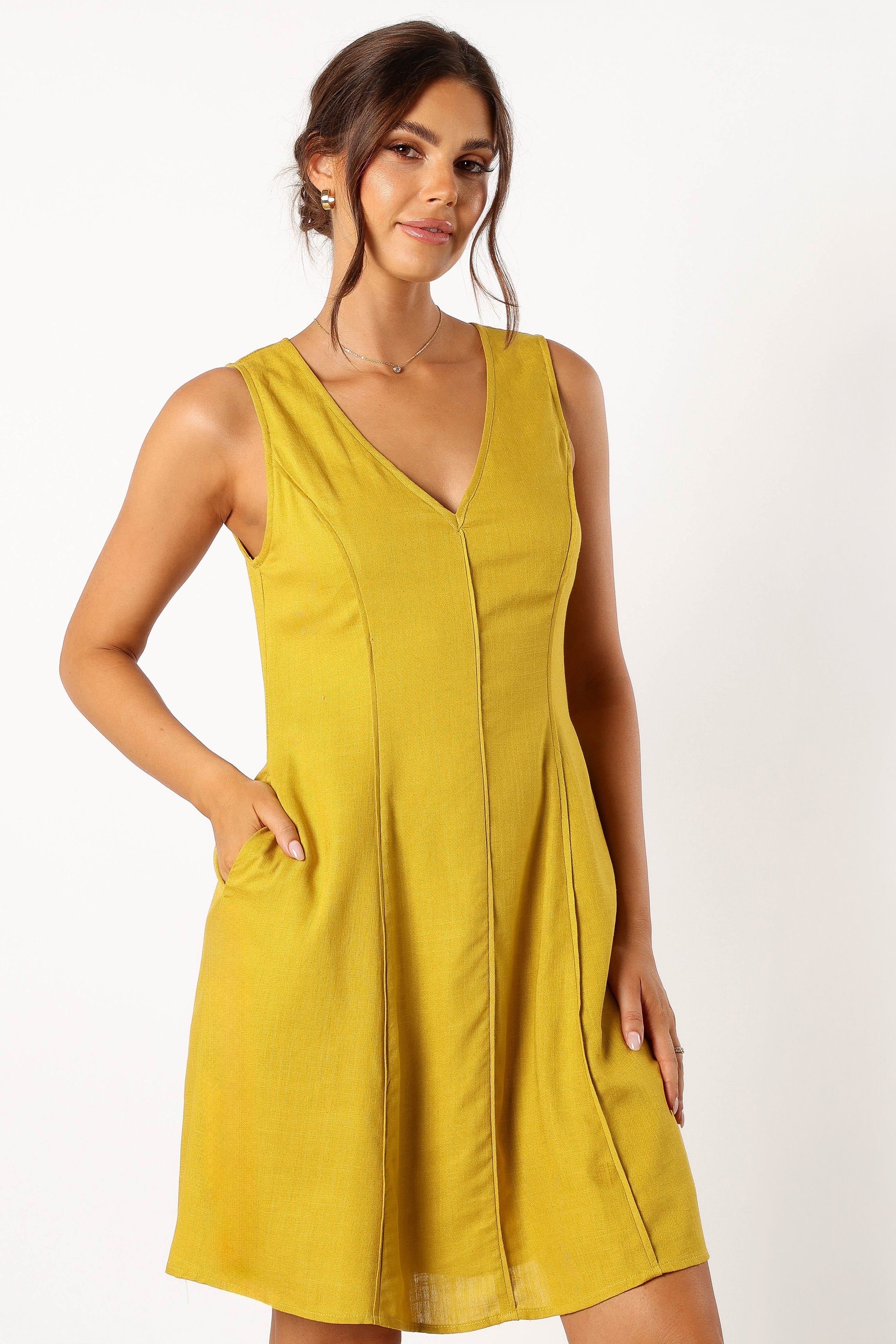 Mustard V-Neck Mini Dress with Pockets - Rubes Cotton Linen Dress