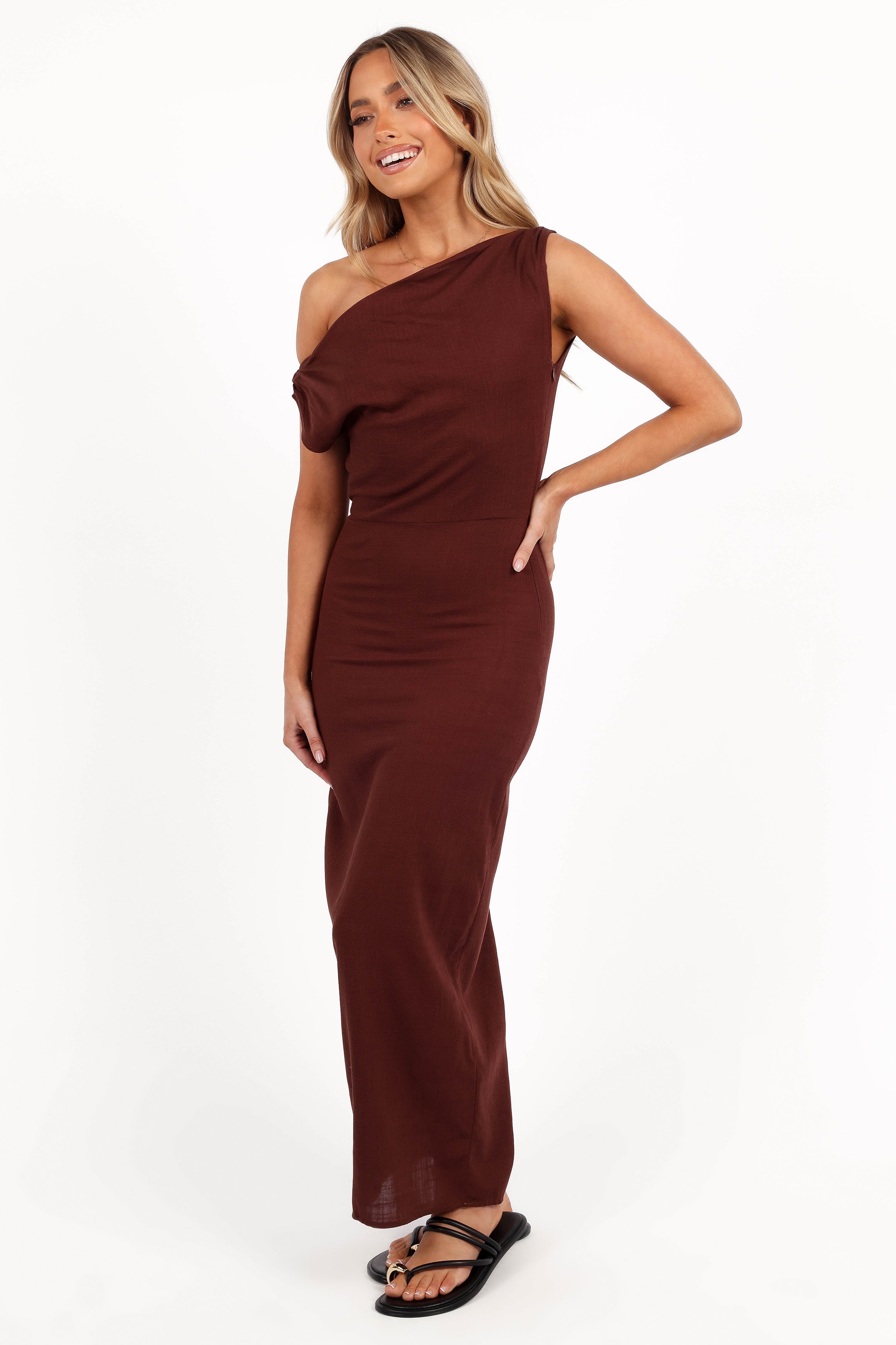 Chocolate Brown Off Shoulder Maxi Dress - Kassie