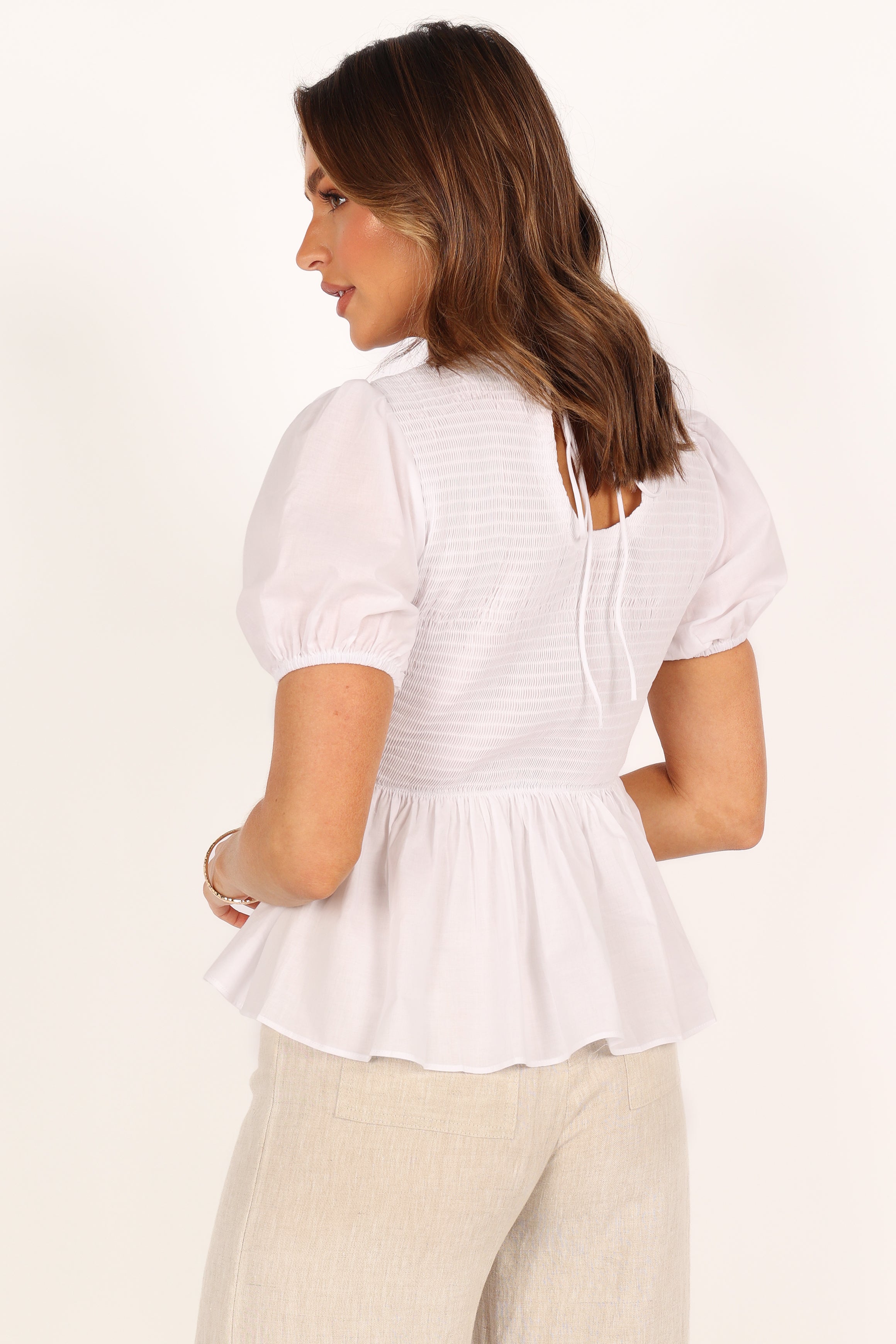 White Peplum Top with Ruffle Hem & Tie Back - Cotton Blouse