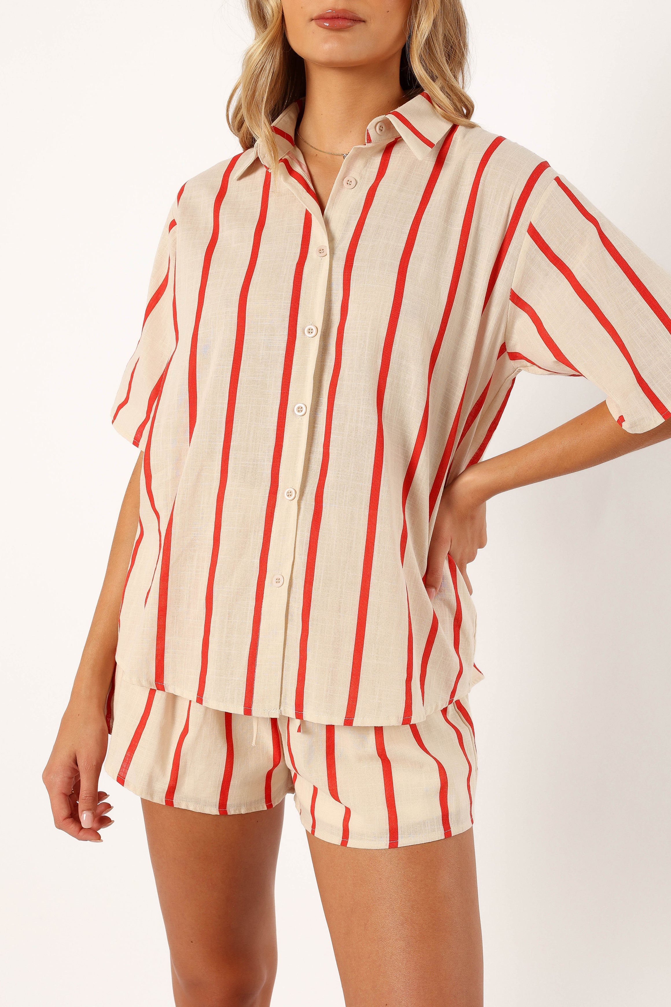 Myles Women's Red Stripe Cotton Short Sleeve Top & Shorts Set