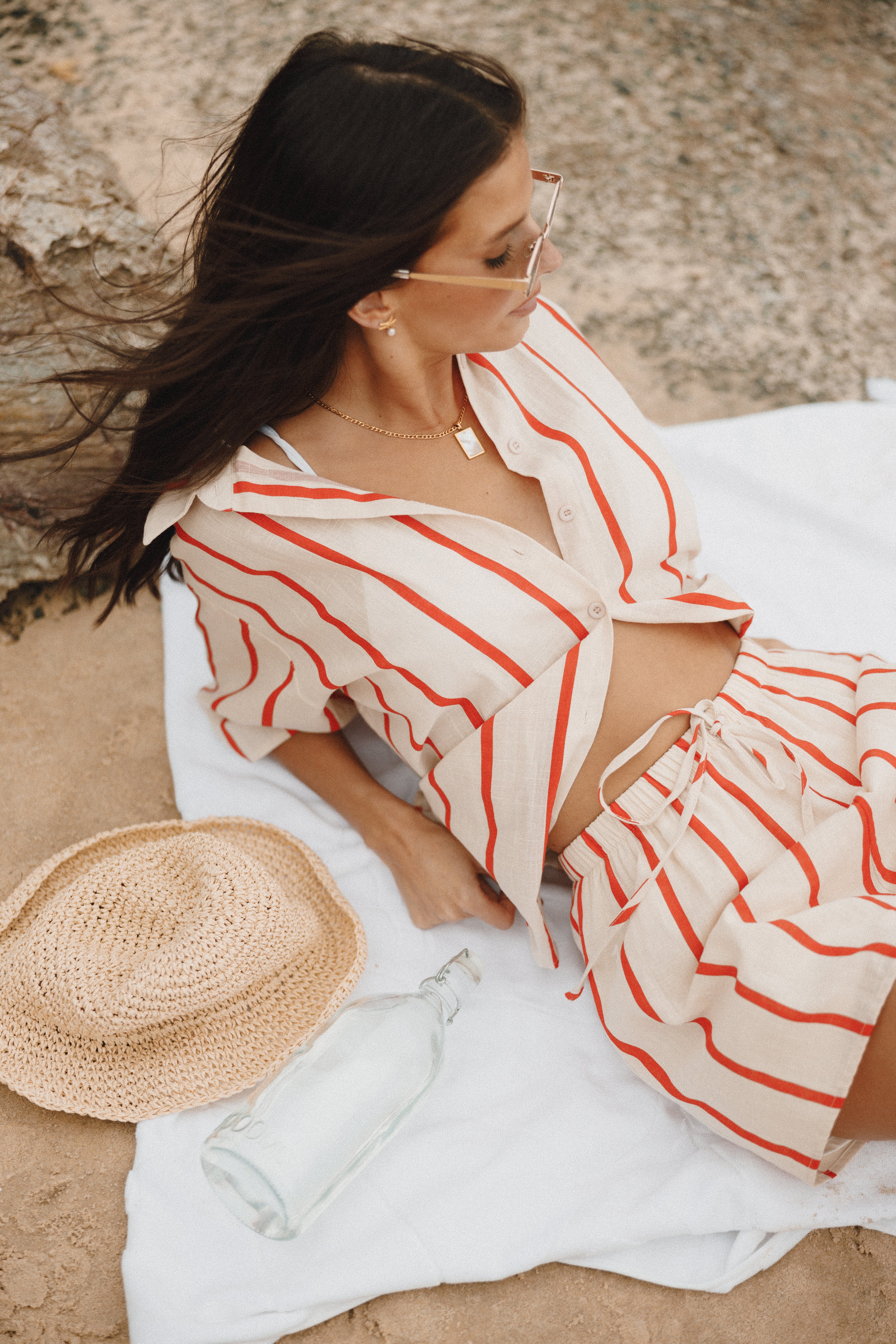 Myles Women's Red Stripe Cotton Short Sleeve Top & Shorts Set