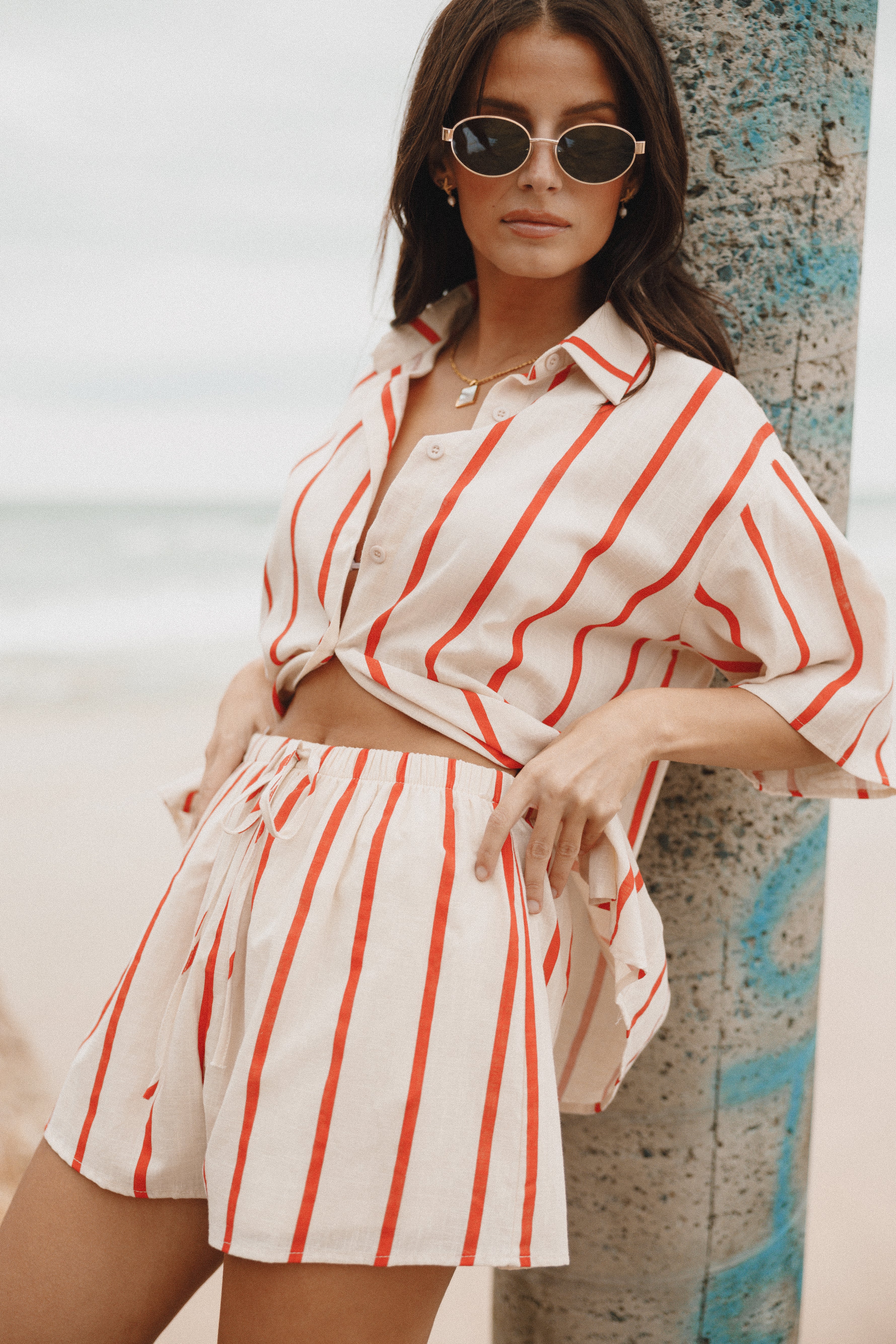 Myles Women's Red Stripe Cotton Short Sleeve Top & Shorts Set