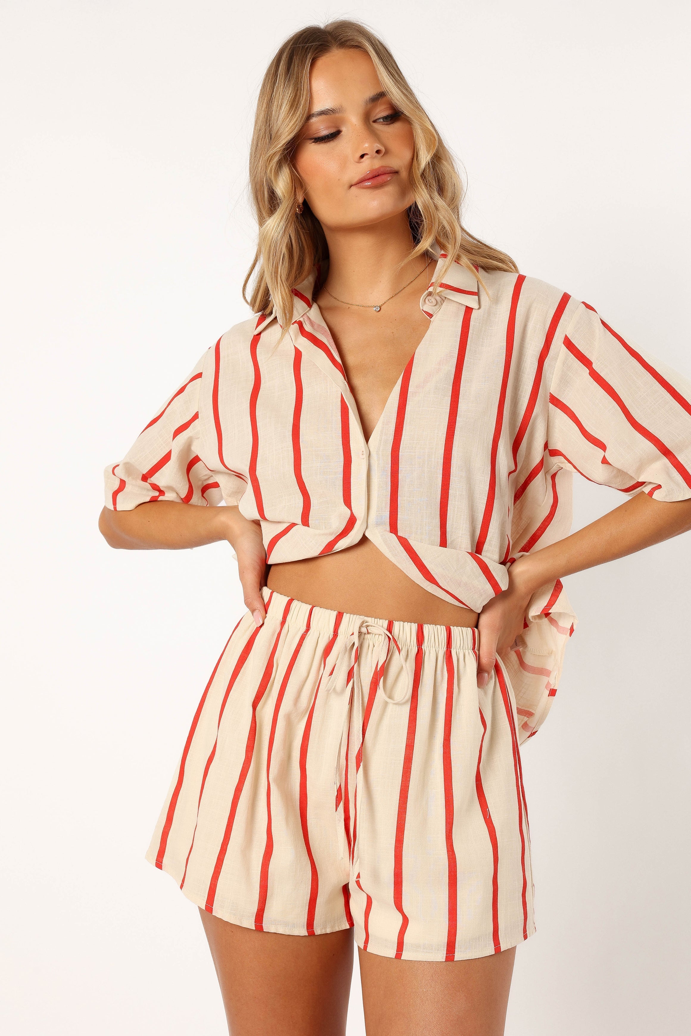 Myles Women's Red Stripe Cotton Short Sleeve Top & Shorts Set