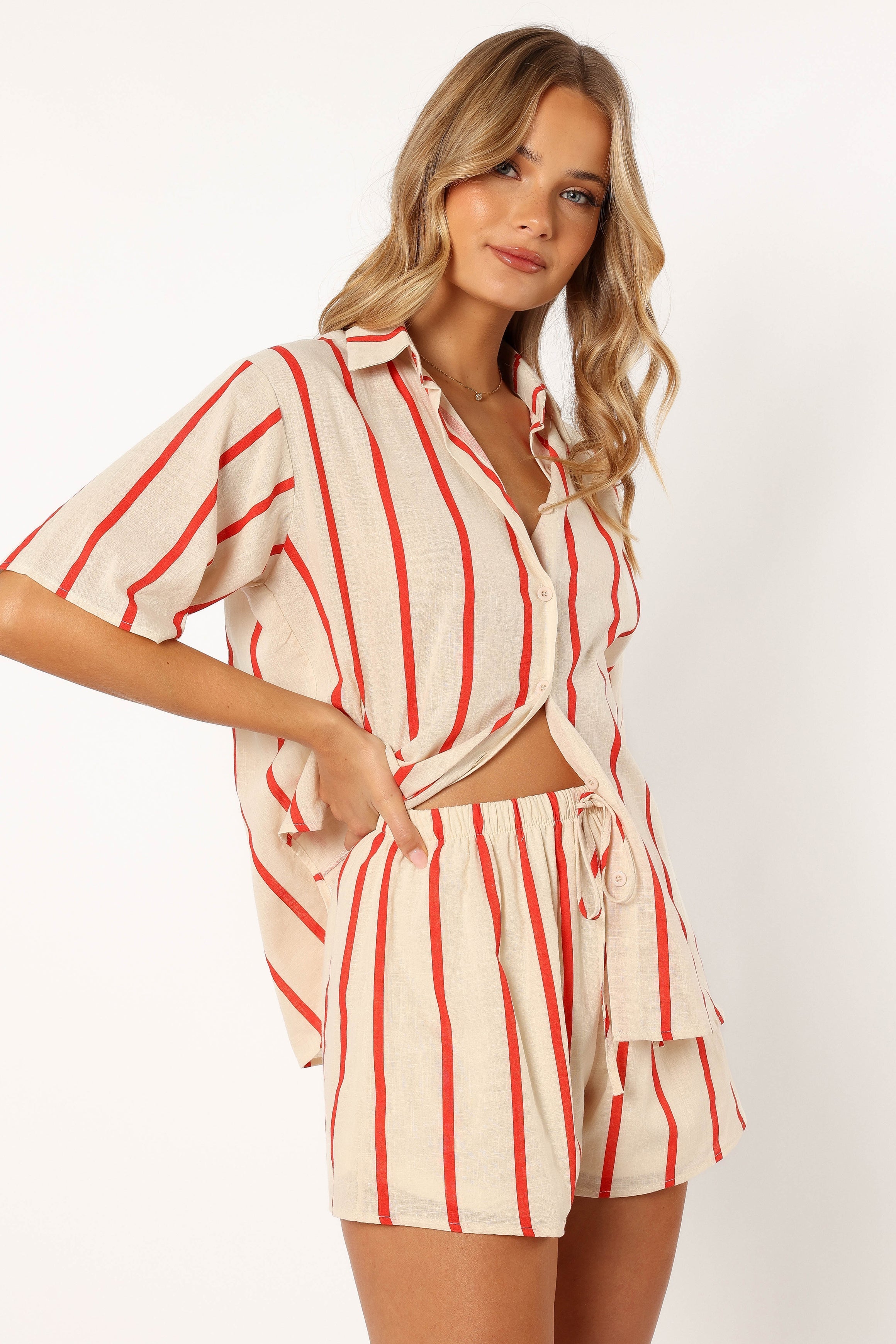 Myles Women's Red Stripe Cotton Short Sleeve Top & Shorts Set