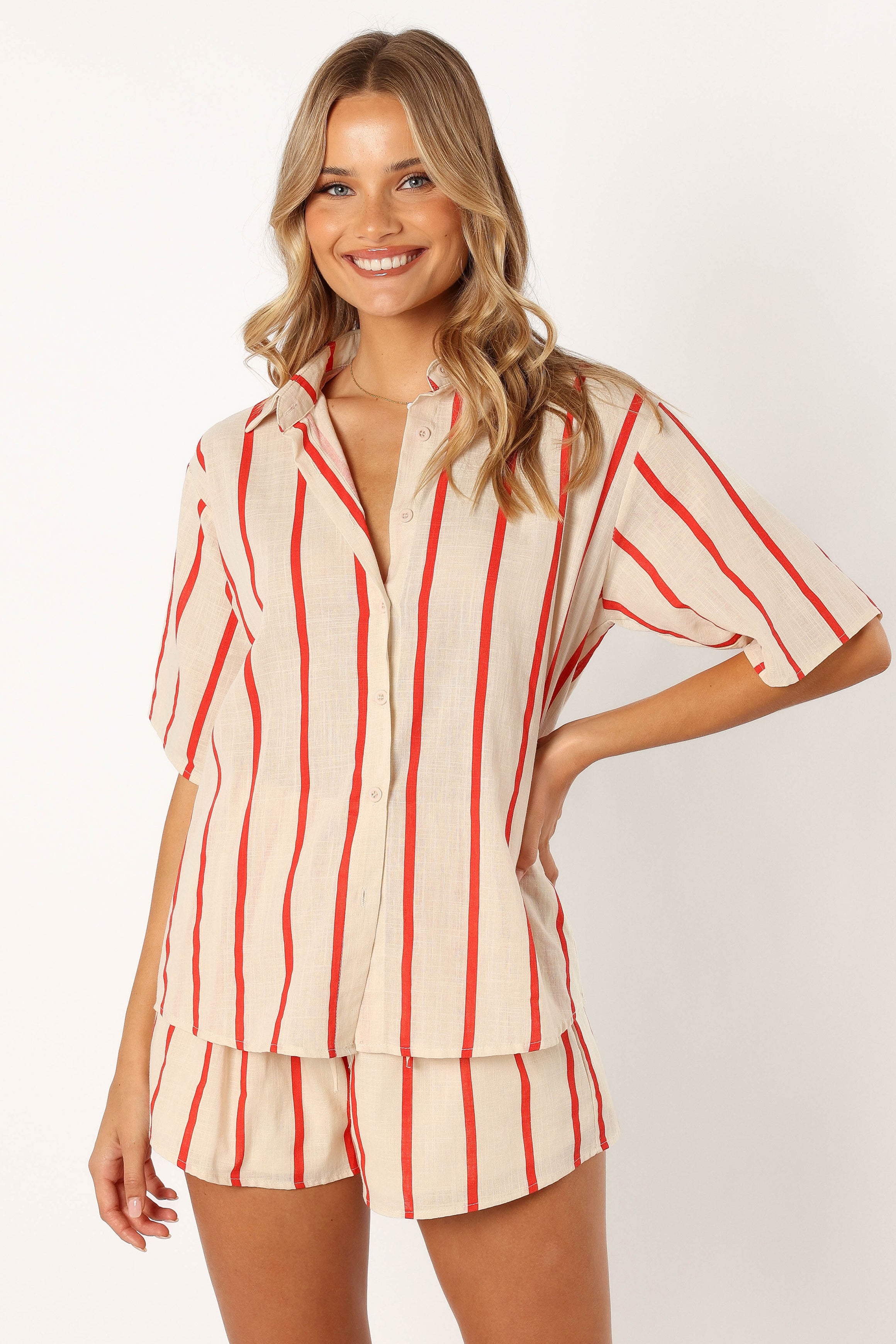 Myles Women's Red Stripe Cotton Short Sleeve Top & Shorts Set