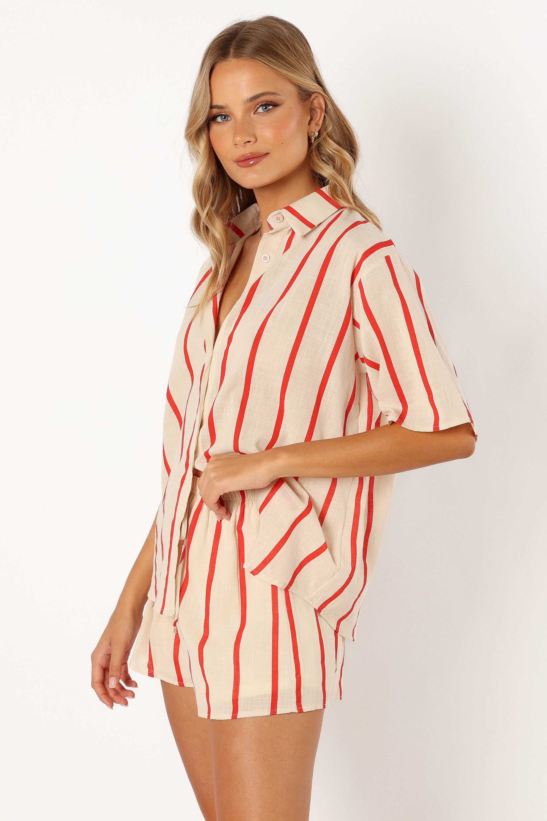 Myles Women's Red Stripe Cotton Short Sleeve Top & Shorts Set