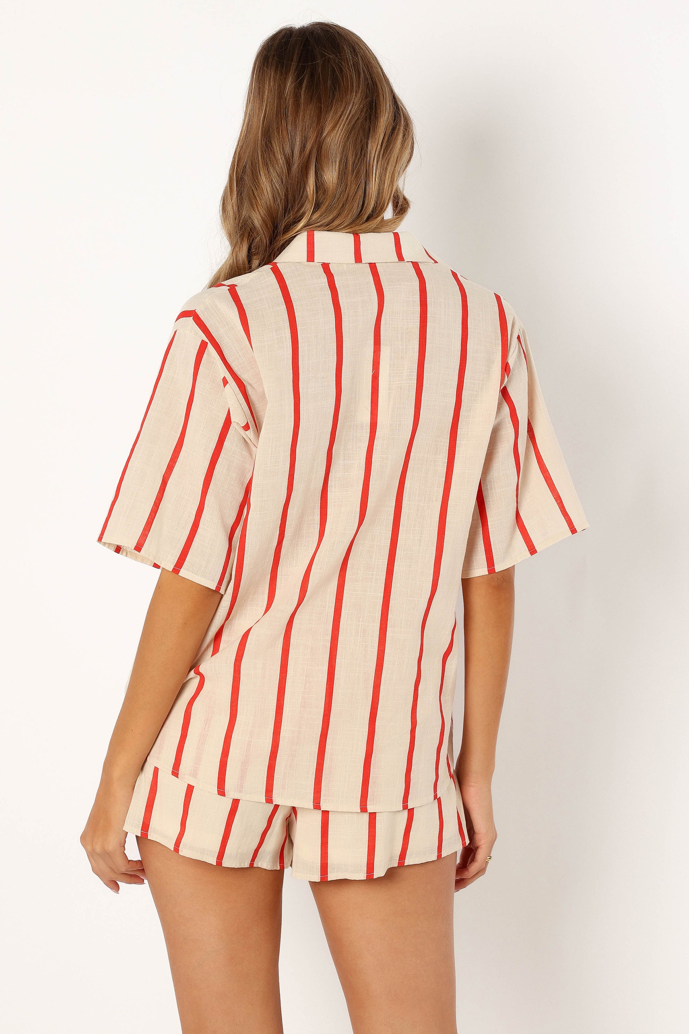 Myles Women's Red Stripe Cotton Short Sleeve Top & Shorts Set