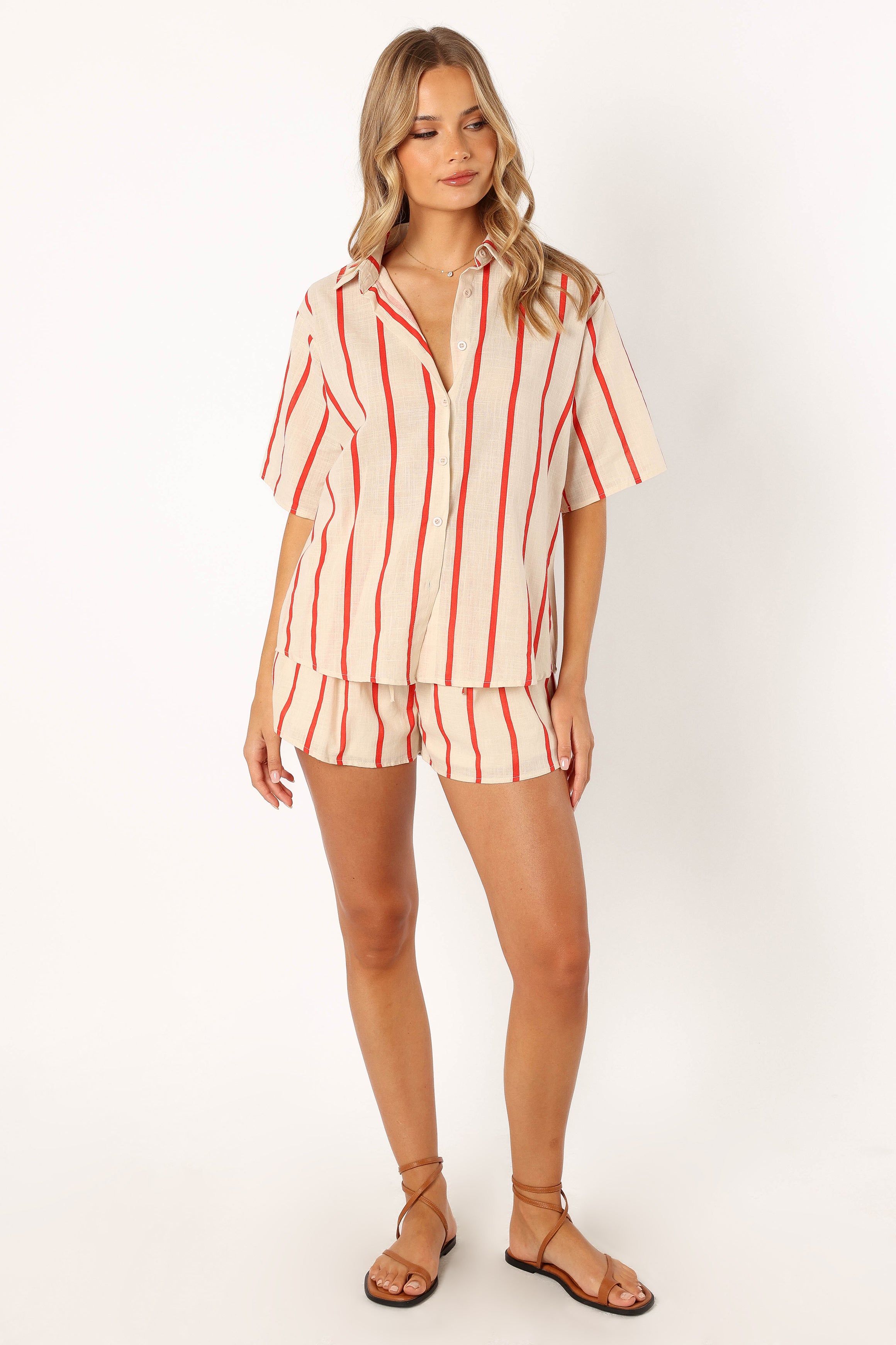 Myles Women's Red Stripe Cotton Short Sleeve Top & Shorts Set