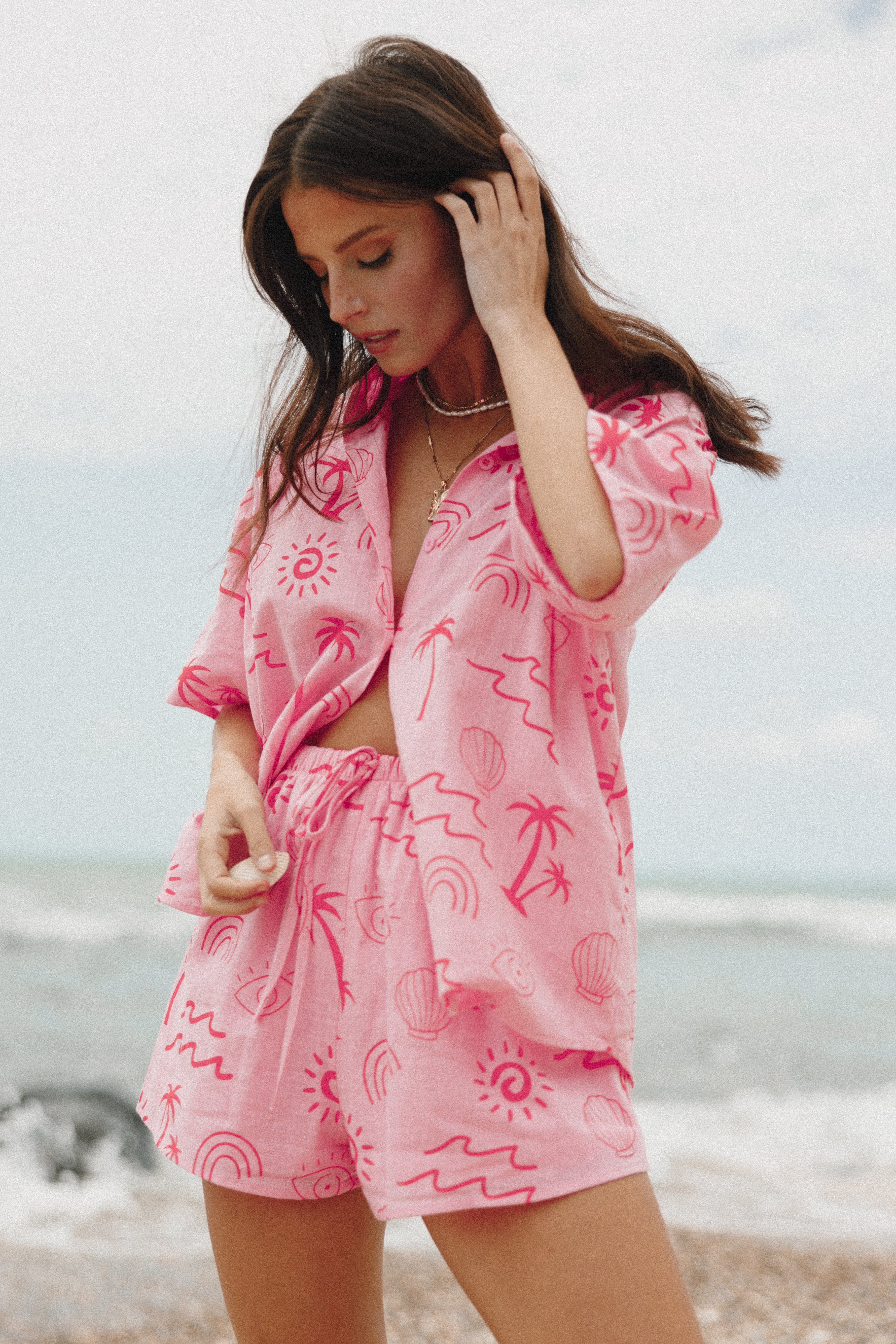 Women's Pink & Red Abstract Print Shorts Set - Summer V-Neck Top & High Waist Shorts