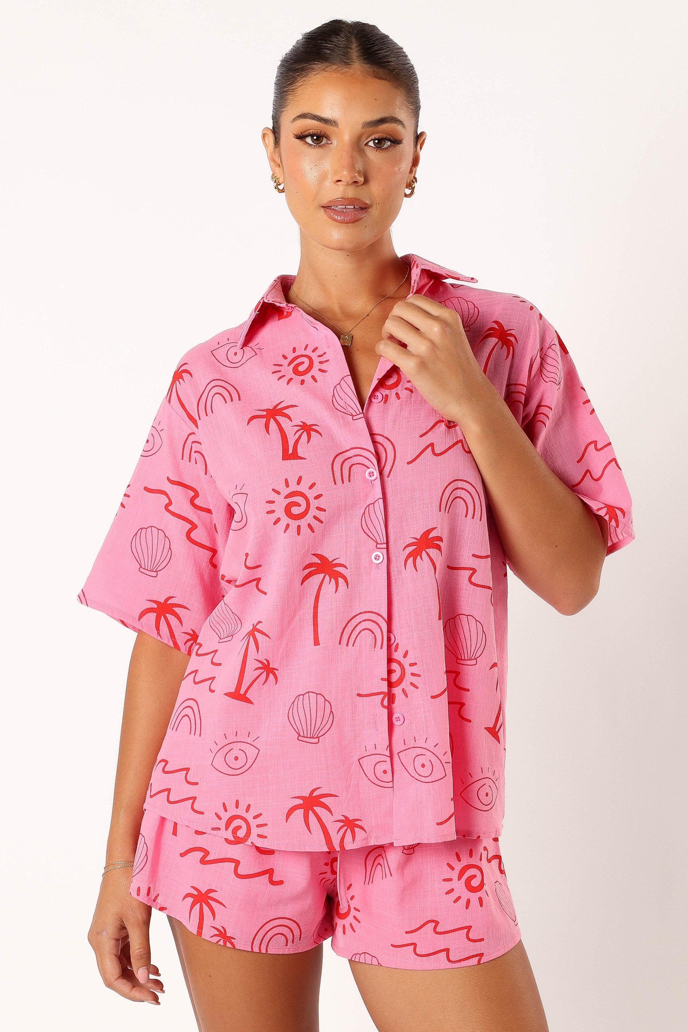 Women's Pink & Red Abstract Print Shorts Set - Summer V-Neck Top & High Waist Shorts