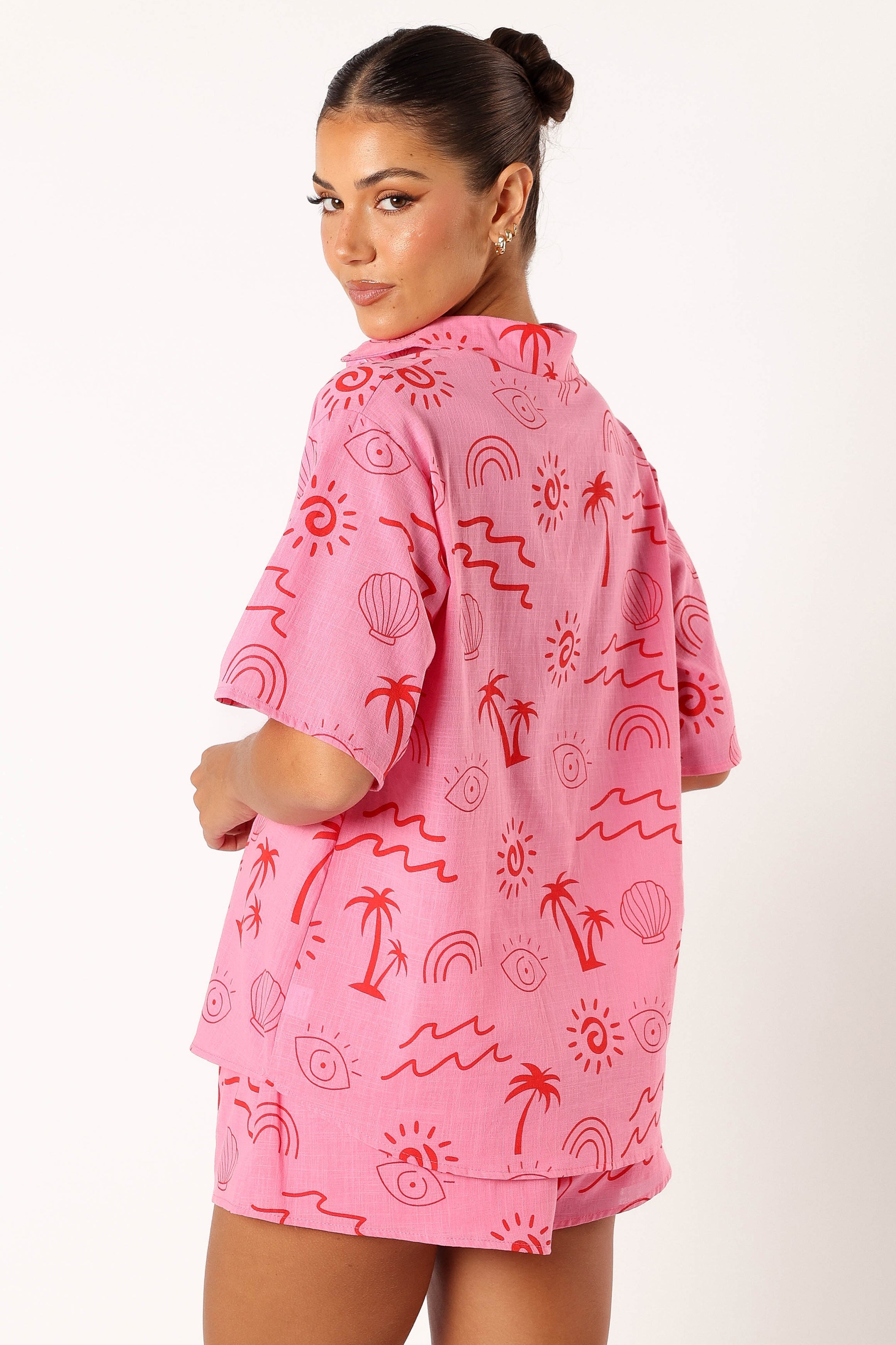 Women's Pink & Red Abstract Print Shorts Set - Summer V-Neck Top & High Waist Shorts