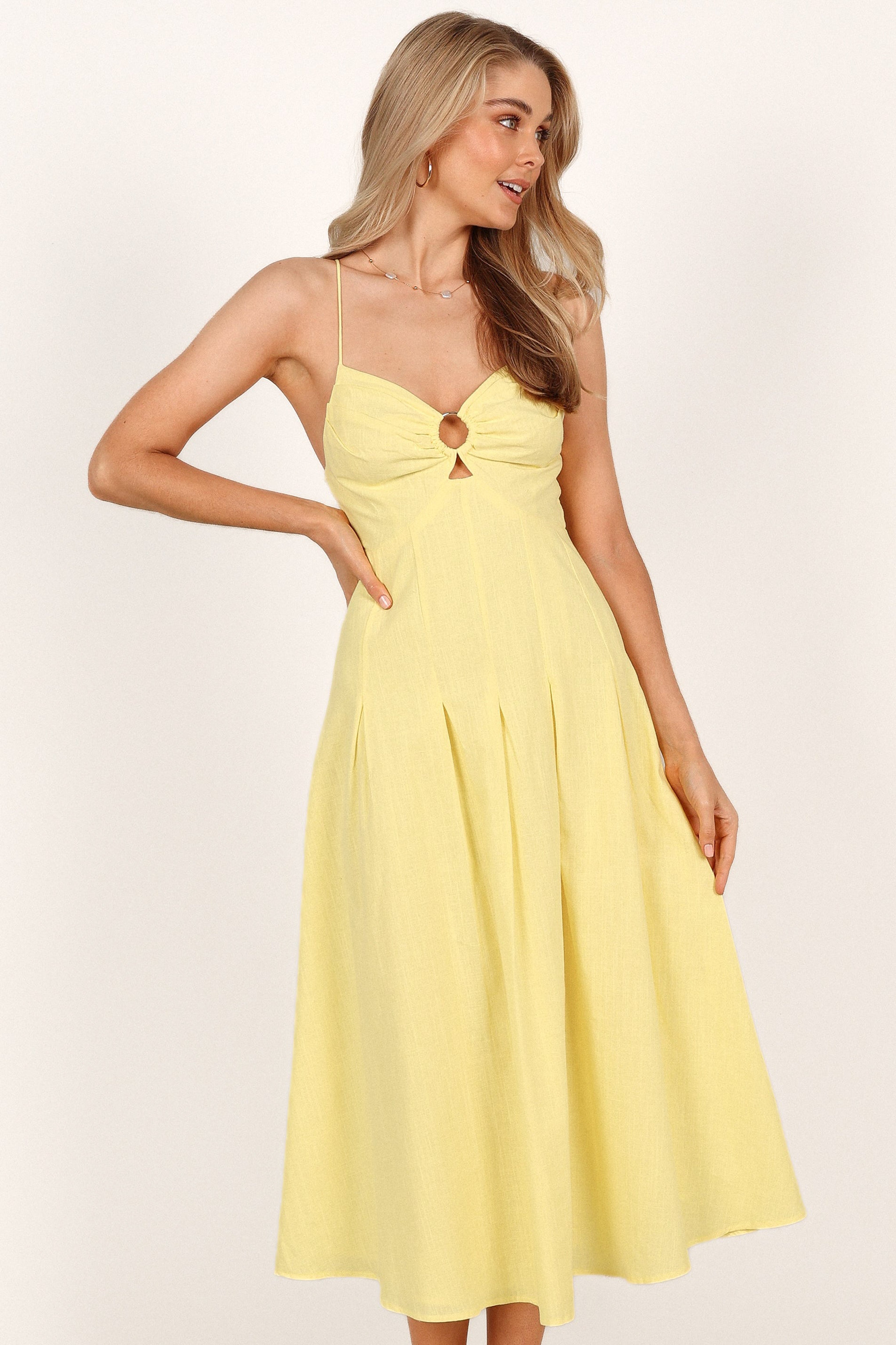 Sondera Yellow Sweetheart Neckline Midi Dress with Cut Out Detail
