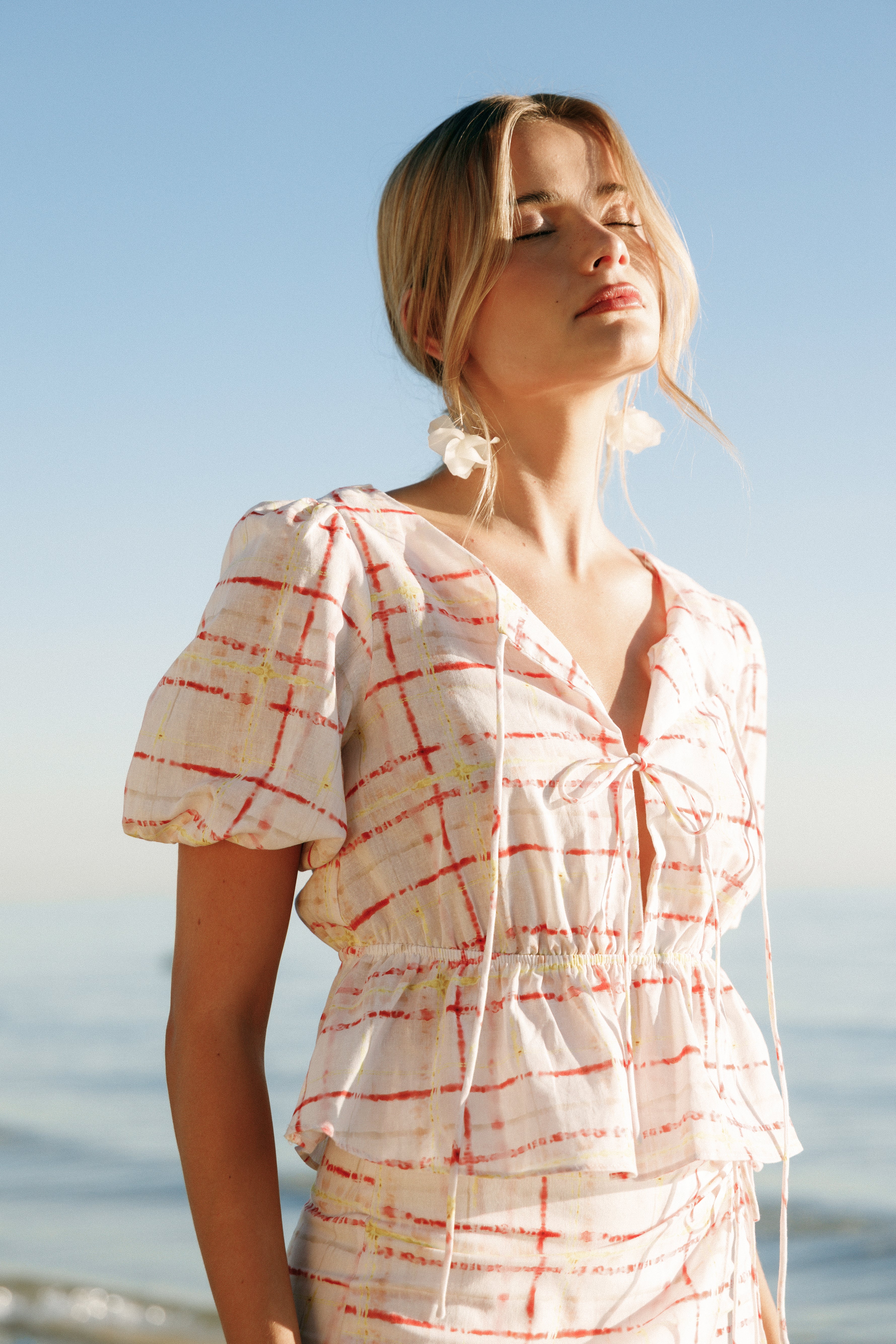 Women's Pippi Top - Sunset Check Print Cropped Blouse with Peplum Hem