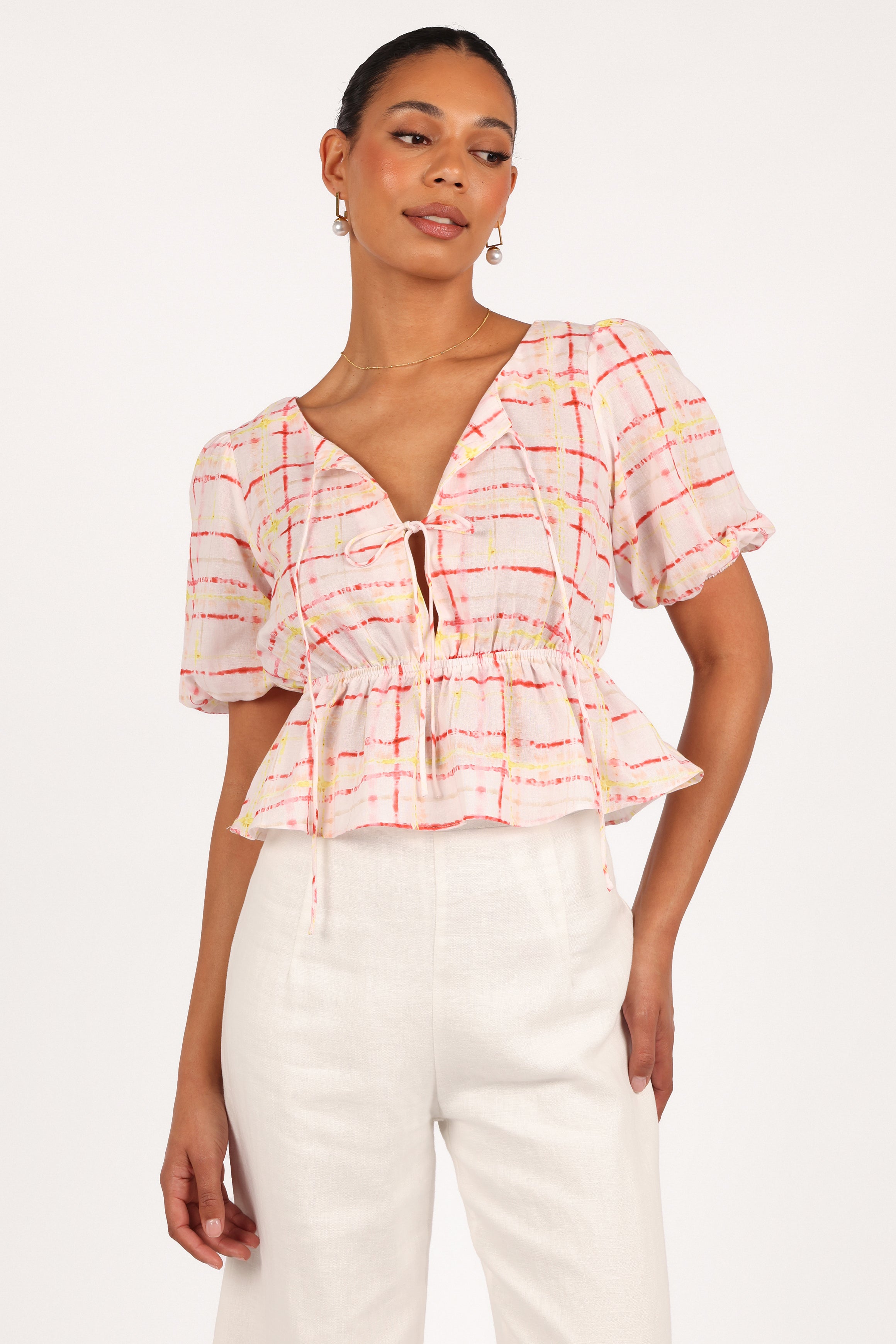Women's Pippi Top - Sunset Check Print Cropped Blouse with Peplum Hem