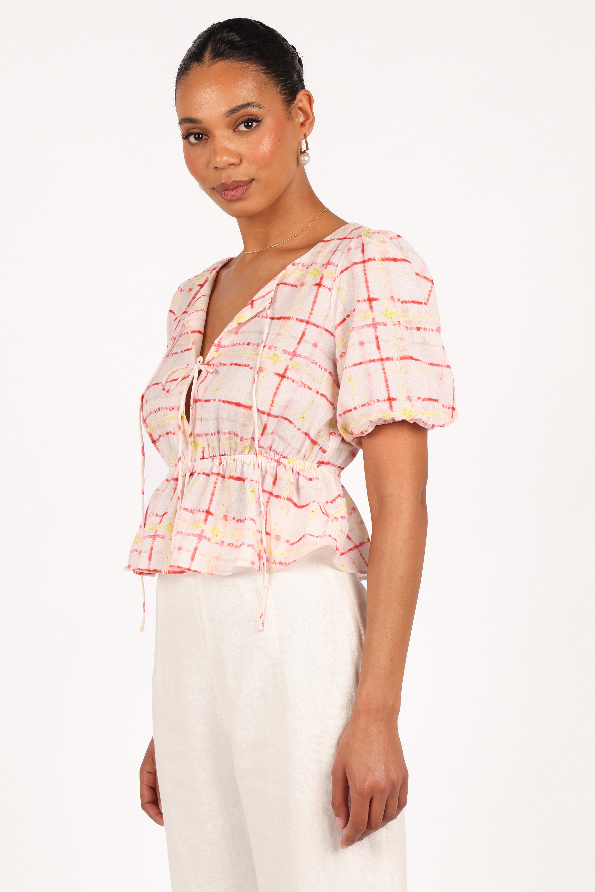 Women's Pippi Top - Sunset Check Print Cropped Blouse with Peplum Hem