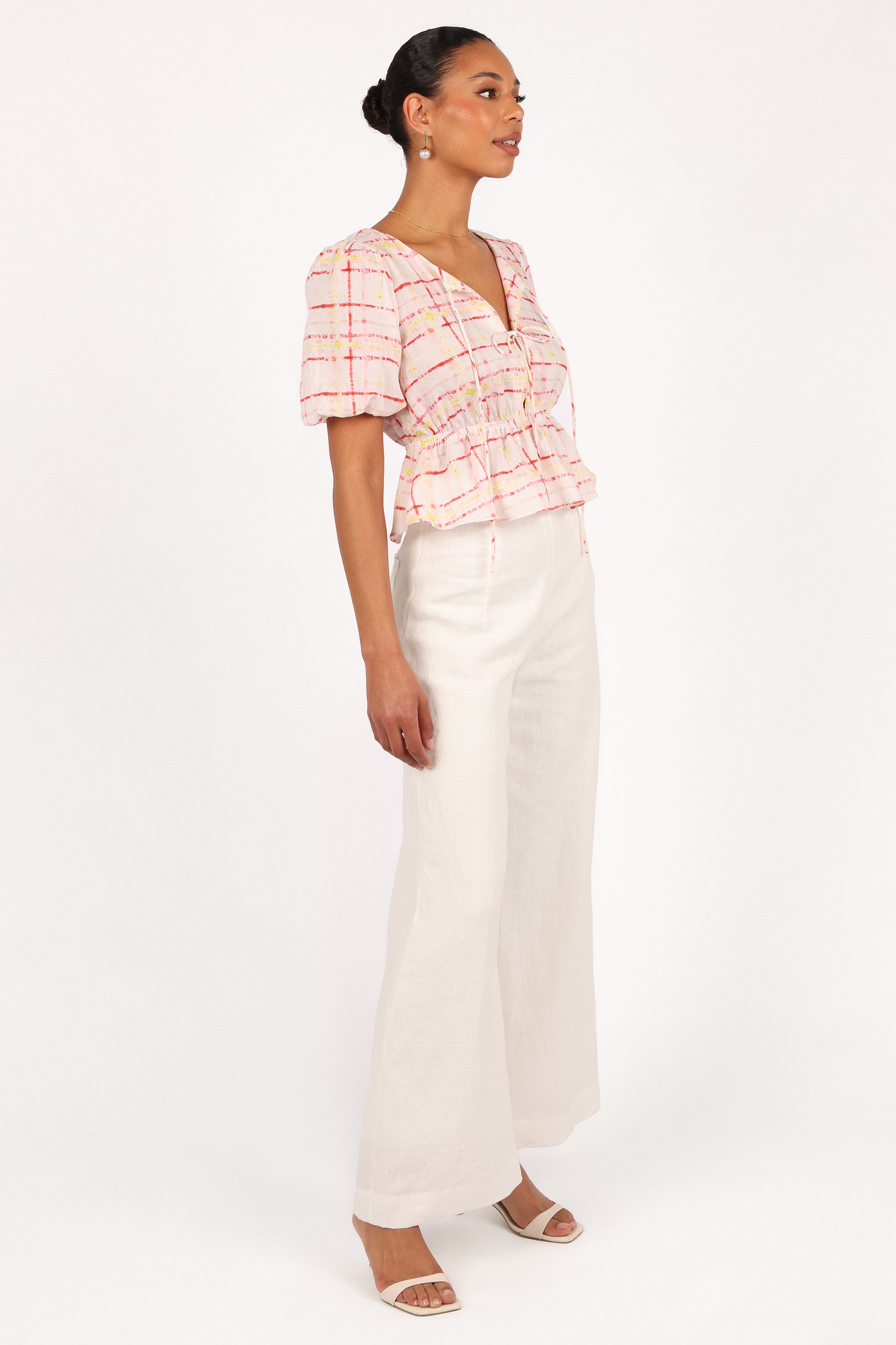 Women's Pippi Top - Sunset Check Print Cropped Blouse with Peplum Hem