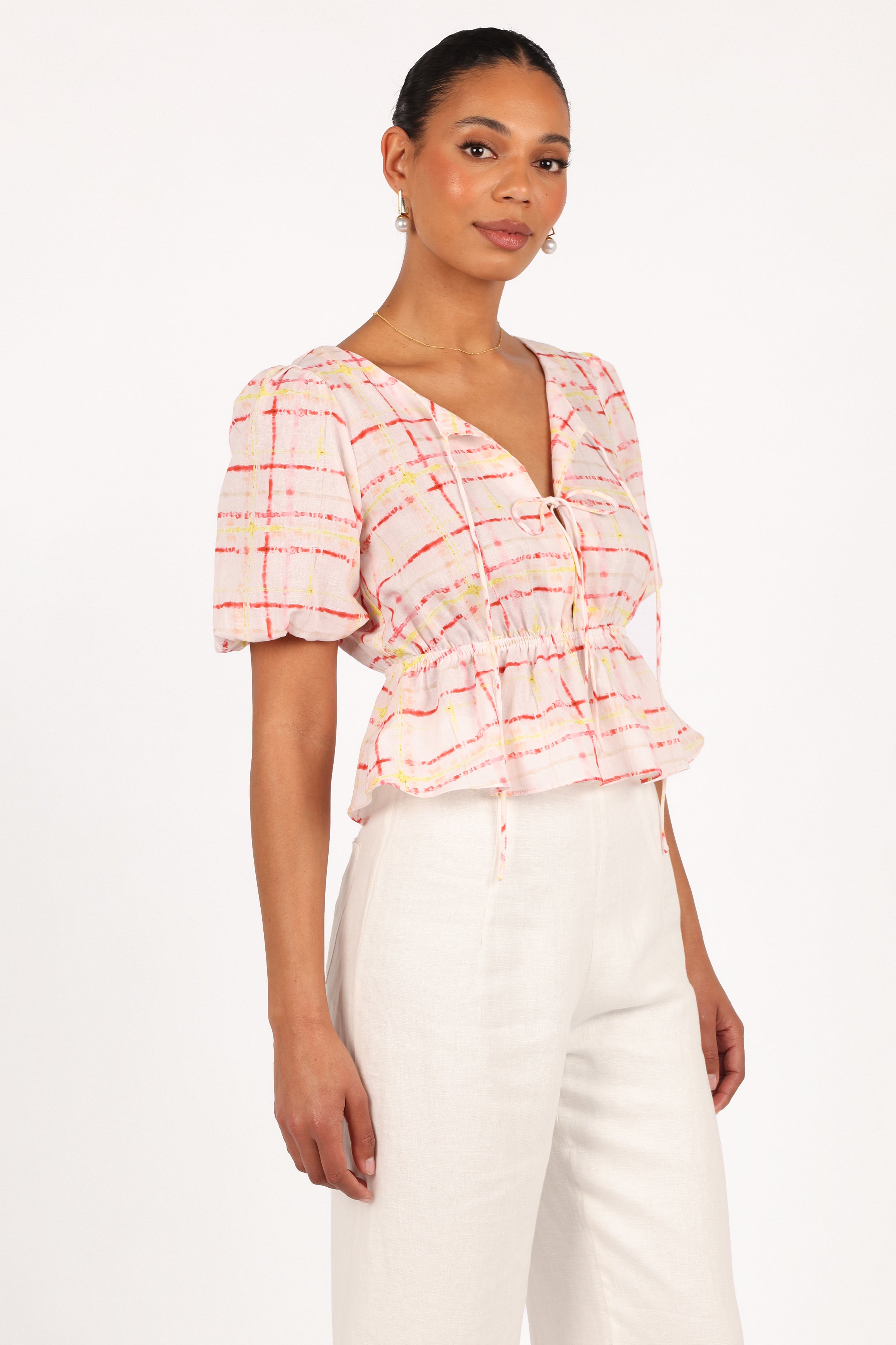 Women's Pippi Top - Sunset Check Print Cropped Blouse with Peplum Hem