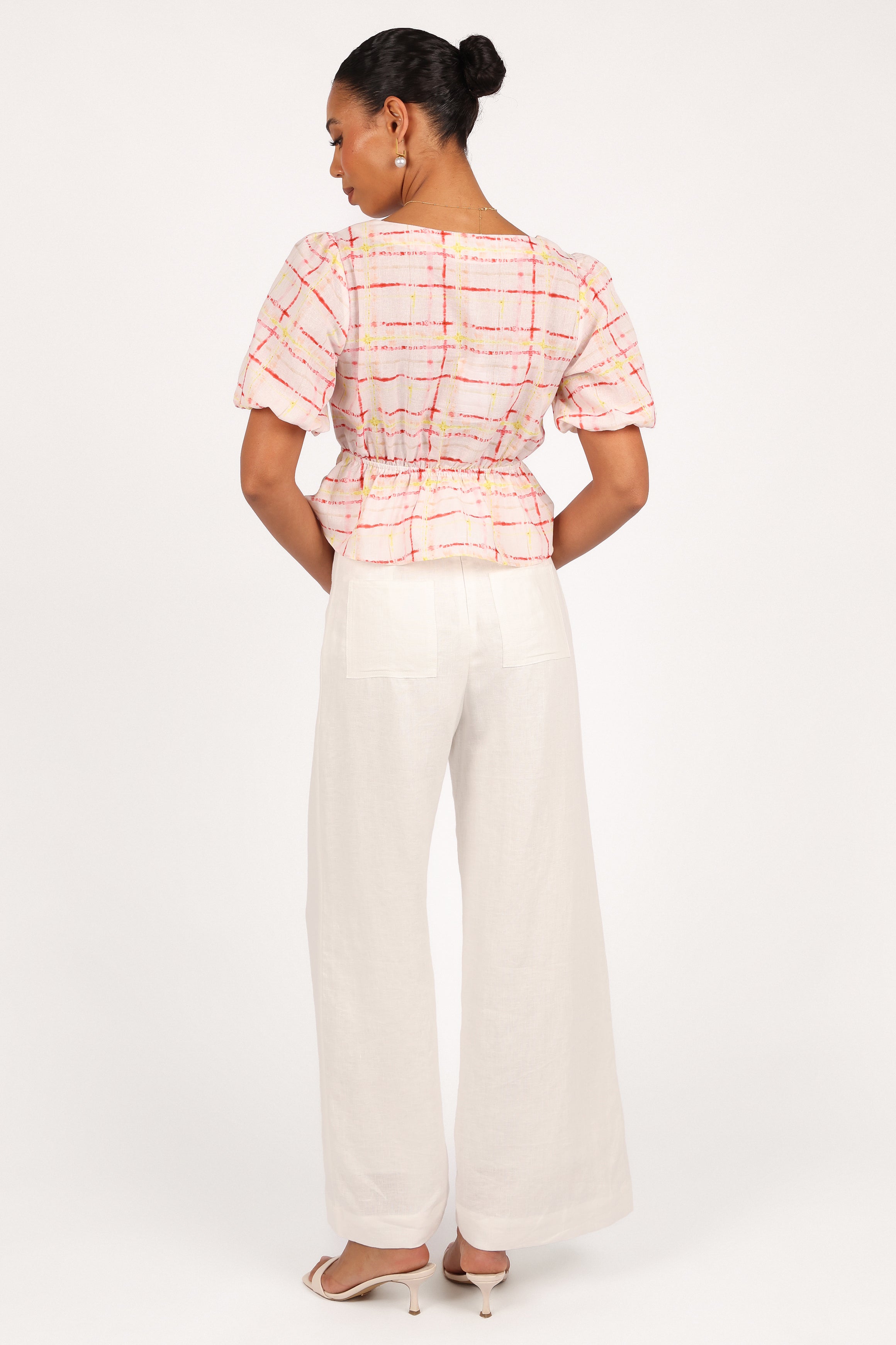 Women's Pippi Top - Sunset Check Print Cropped Blouse with Peplum Hem