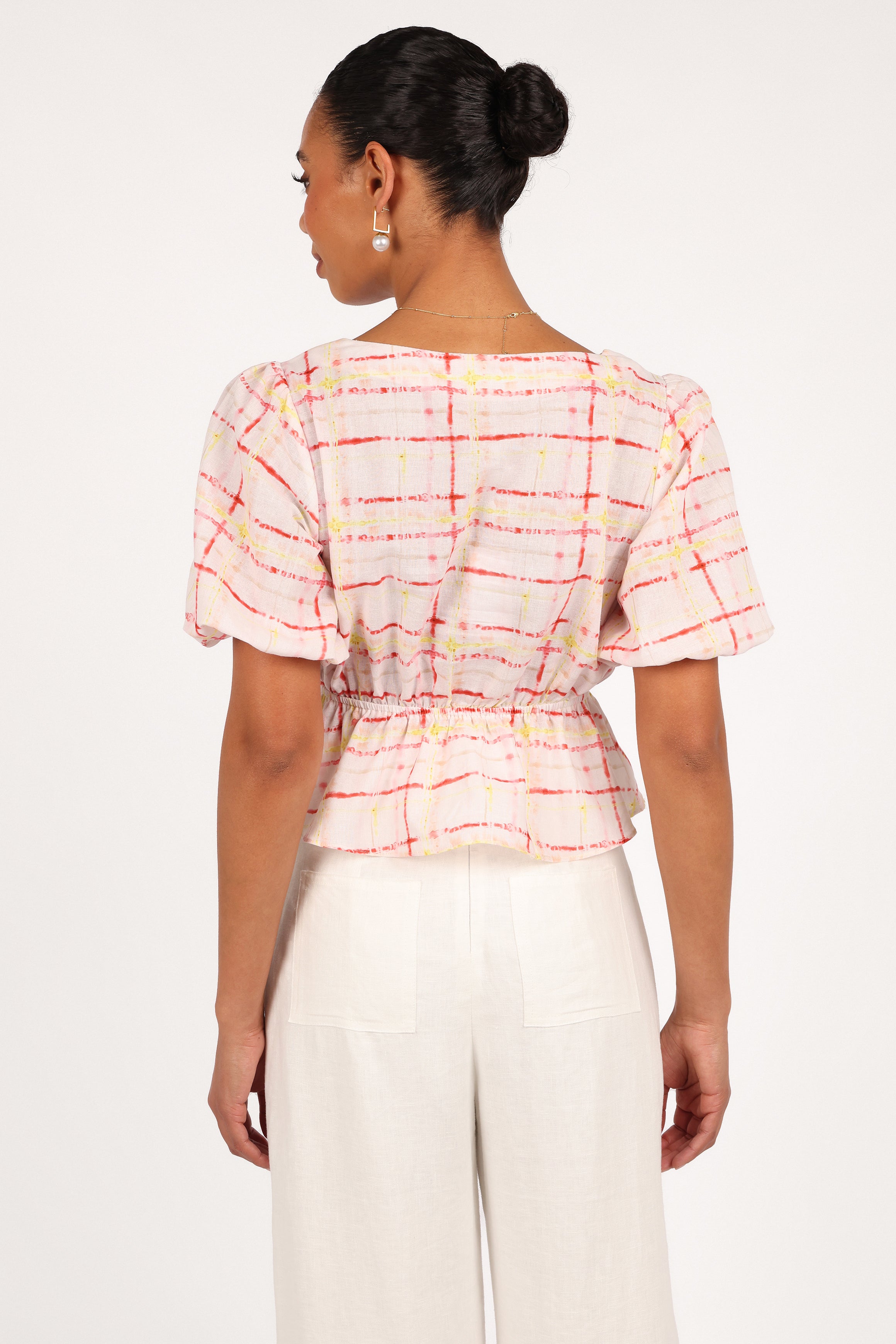 Women's Pippi Top - Sunset Check Print Cropped Blouse with Peplum Hem